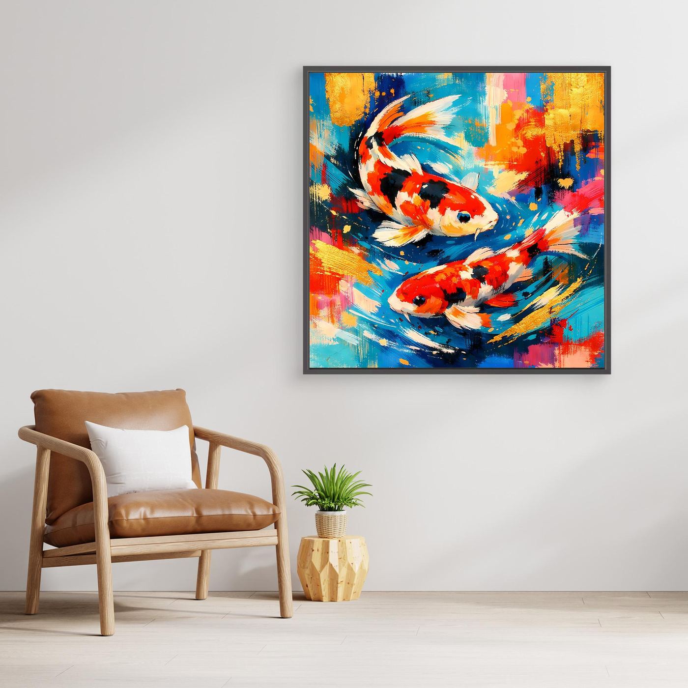 Abstraktes Leinwandbild mit Koi-Fischen, bunt, schwarzer Rahmen