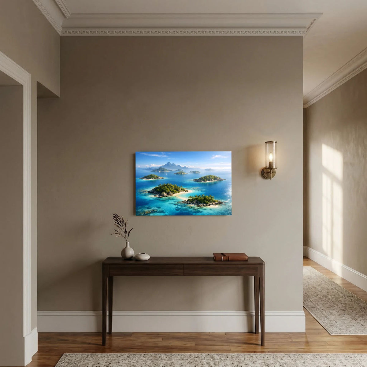 Querformat-Poster mit tropischen Inseln, türkisblauem Meer und weißen Sandbuchten