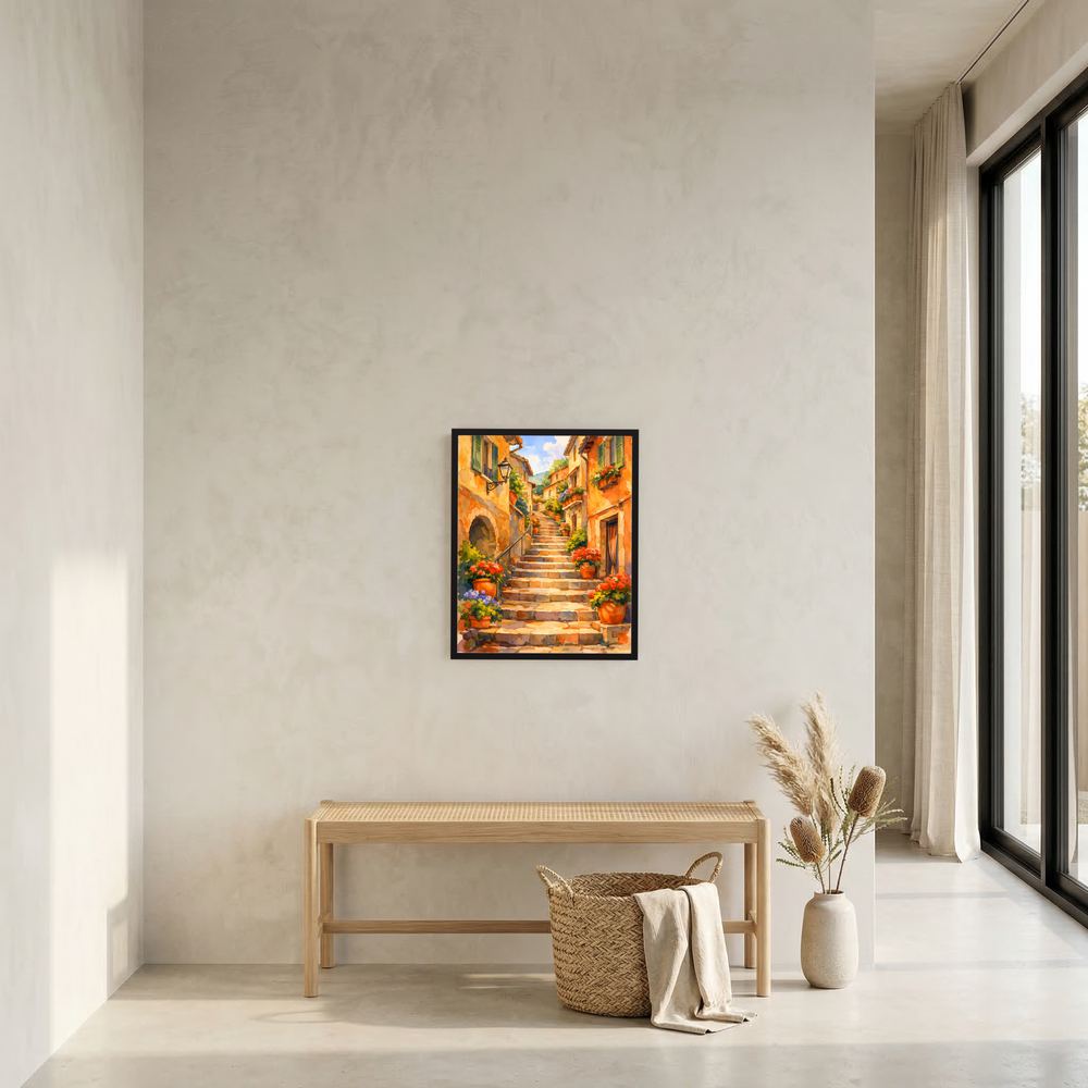 Wandbild im Hochformat mit Treppengasse und Blumen in Töpfen, an heller Wand