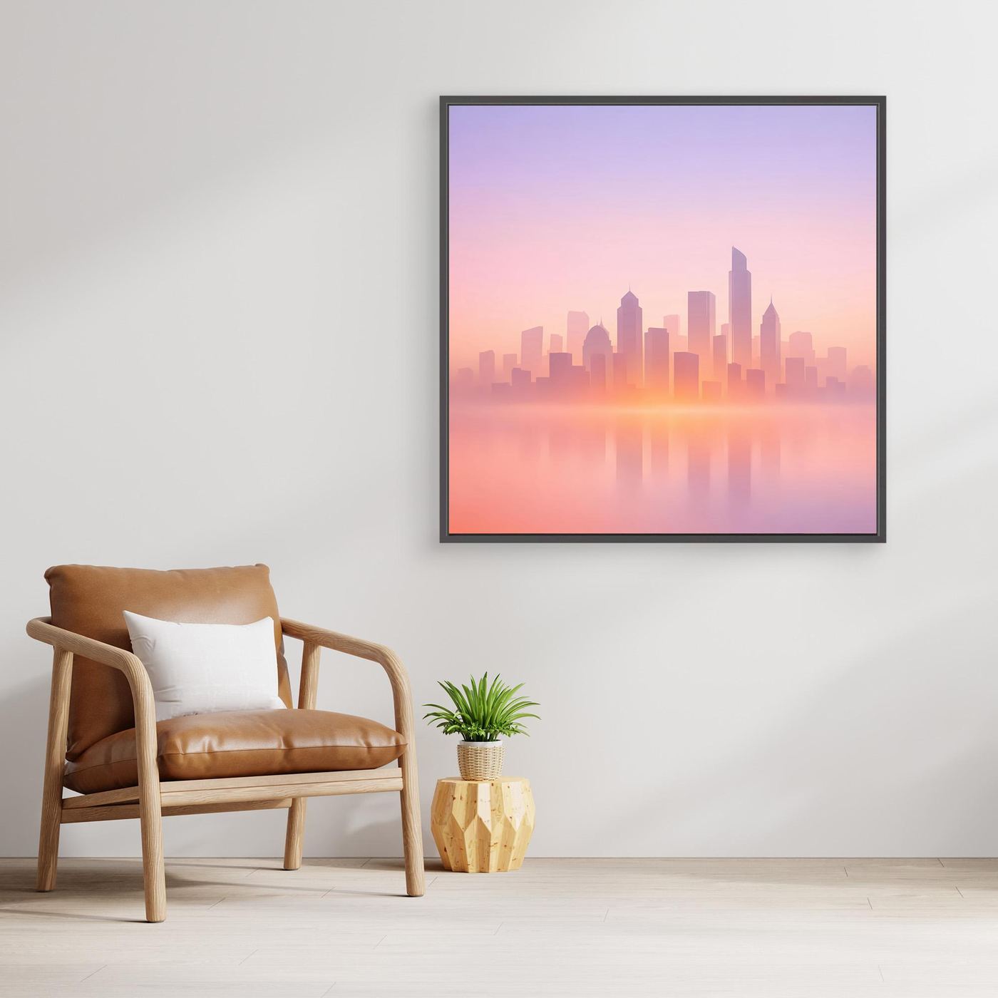 Quadratisches Leinwand-Wandbild mit Skyline im Dunst in Pastell, schwarzer Rahmen