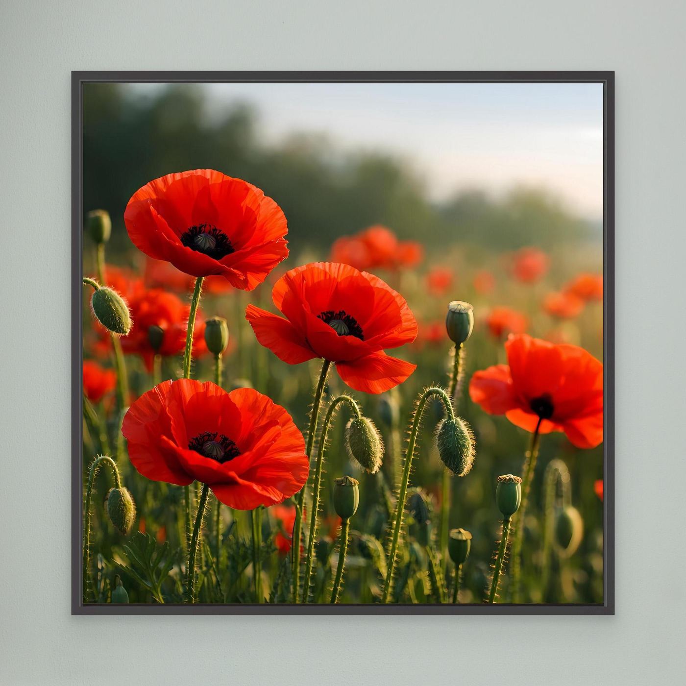Wandbild mit rotem Klatschmohn auf grünem Feld, schwarzer Rahmen