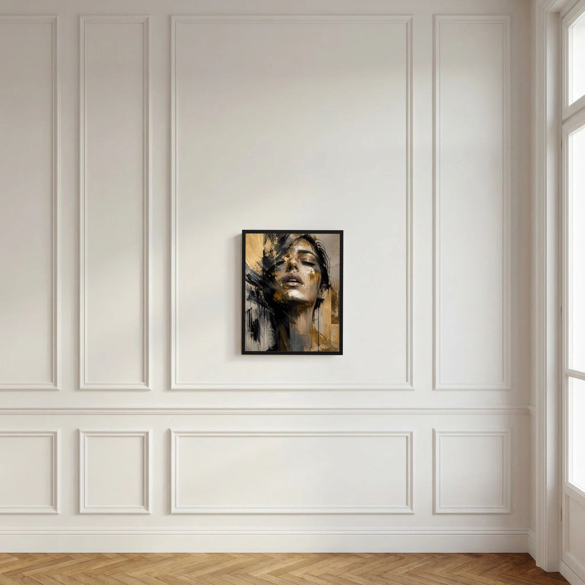 Gerahmtes Hochformat-Poster mit abstraktem Frauenporträt in Gold und Schwarz