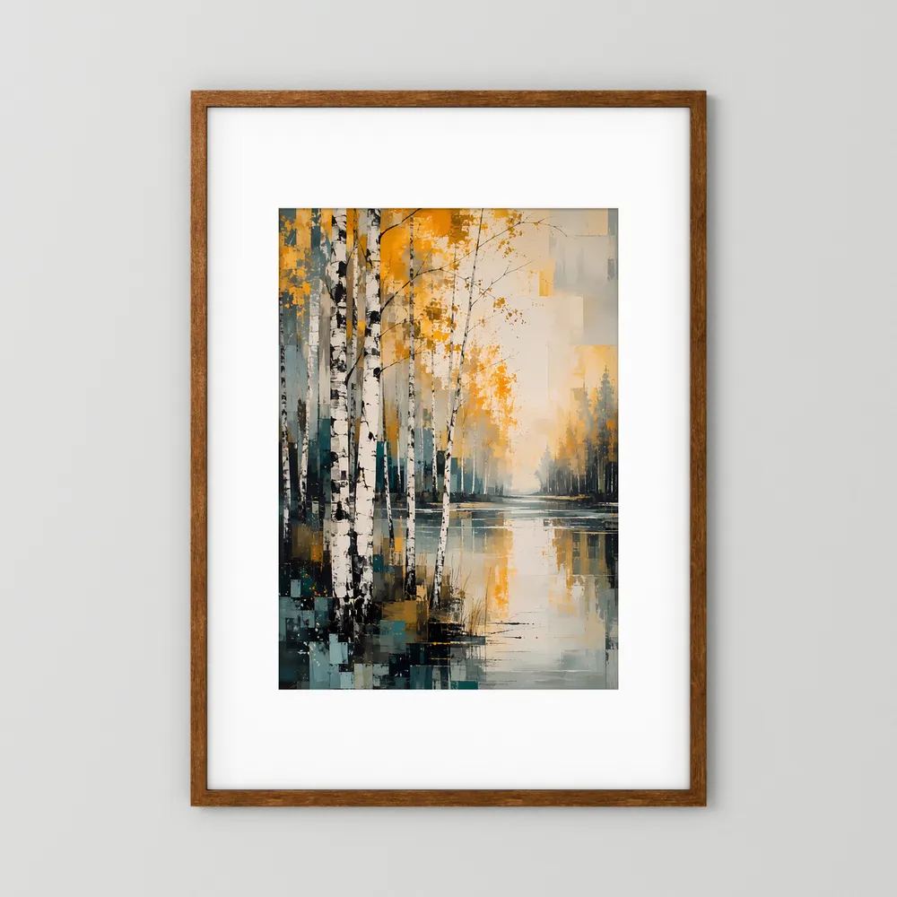 Gerahmtes Poster: abstrakte Herbstlandschaft mit Birken und goldenem, petrolfarbenem Spiegel