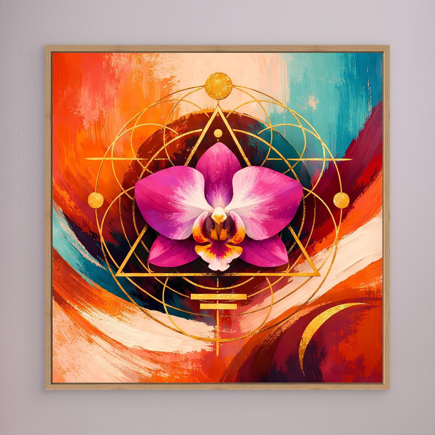 Orchideen-Leinwandbild mit goldener Geometrie, pinker Orchidee und braunem Rahmen