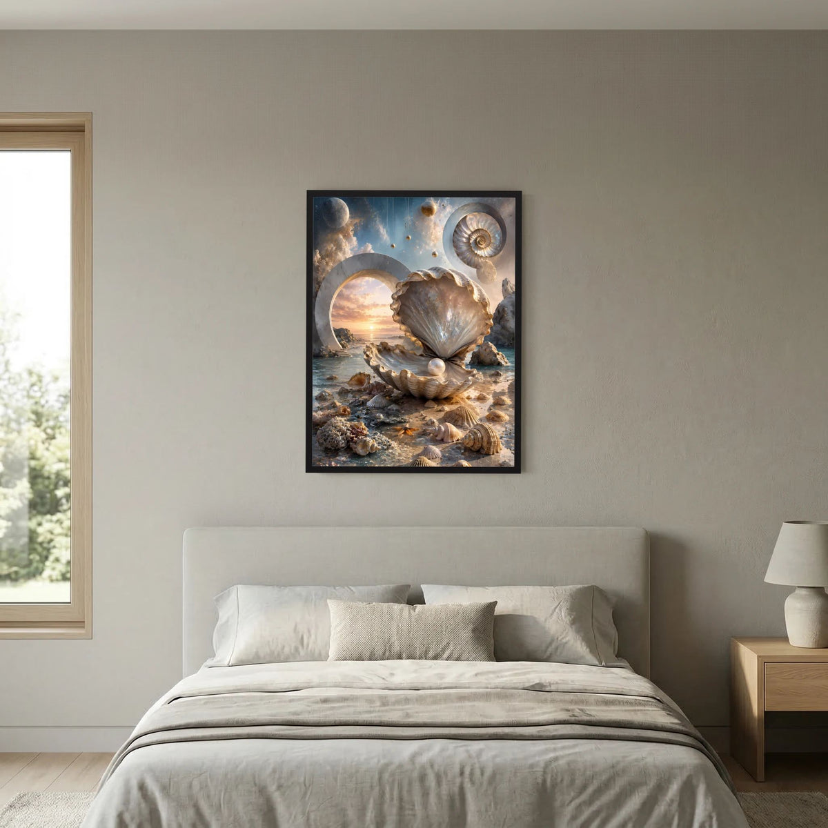 Gerahmtes Poster mit Muschel und Perle in einer Meeresszene, Creme-Gold-Farben