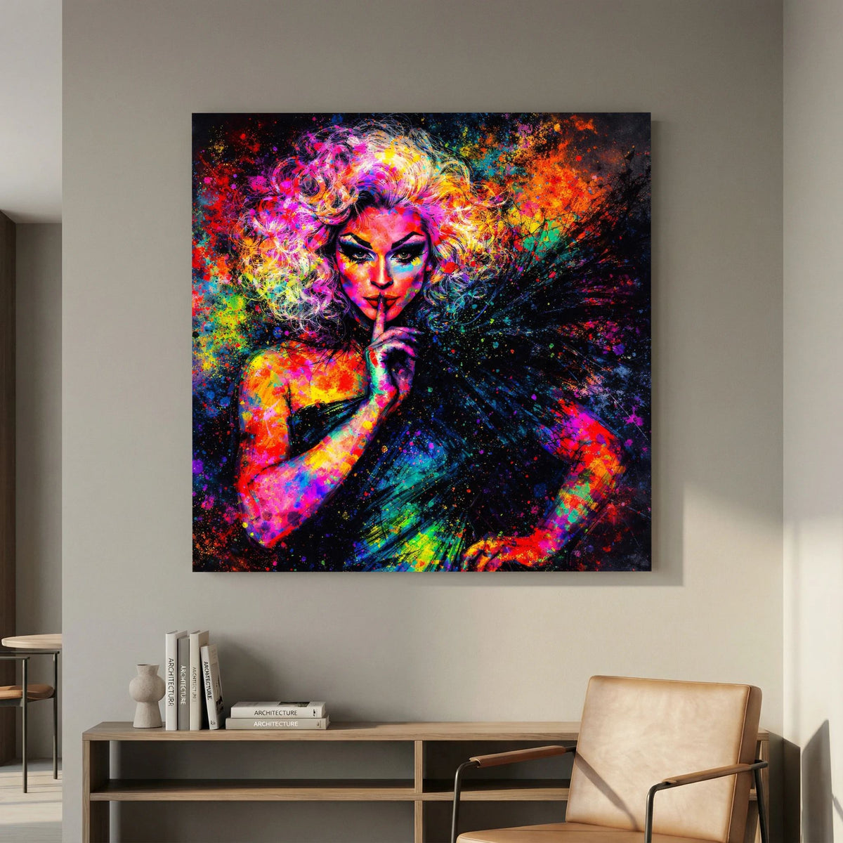 Leinwandbild mit Pop-Art-Porträt einer Drag Queen, bunte Sprenkel und Strahlen