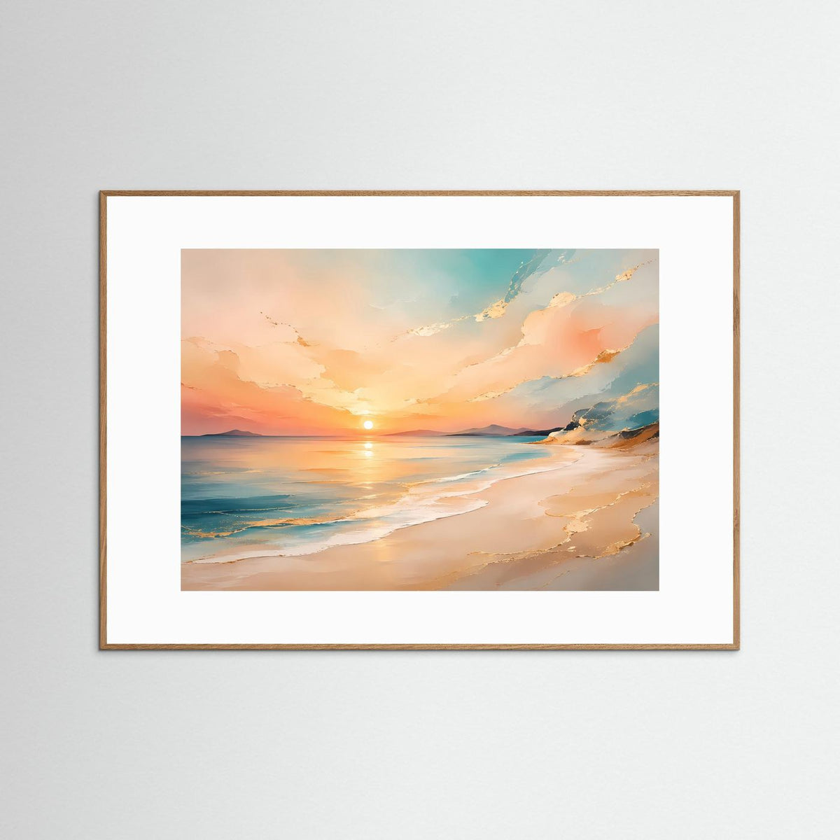 Gerahmtes Querformat-Strandposter mit Pastell-Sonnenuntergang, natürlichem Holzrahmen und weißem Rand
