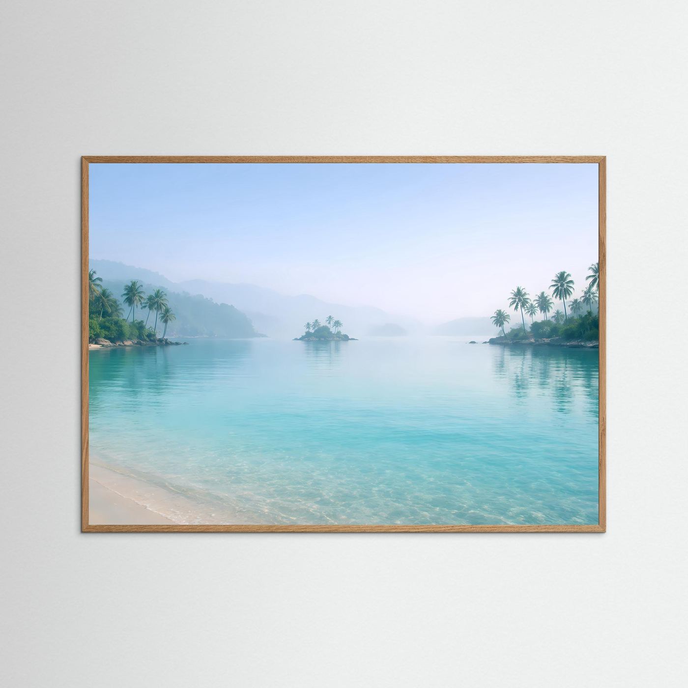 Tropisches Inselparadies im Nebel | Strand & Palmen Wandbild Querformat