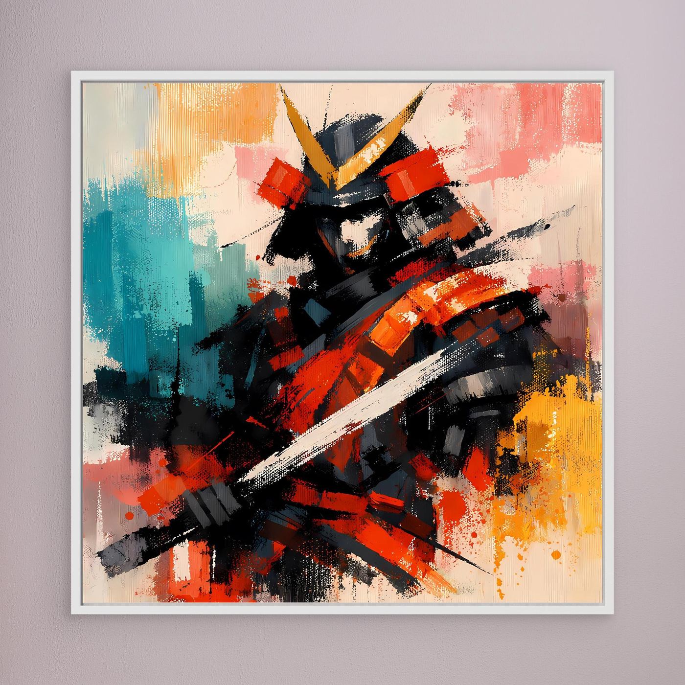Wandbild auf Leinwand mit abstraktem Samurai-Krieger, weißer Rahmen