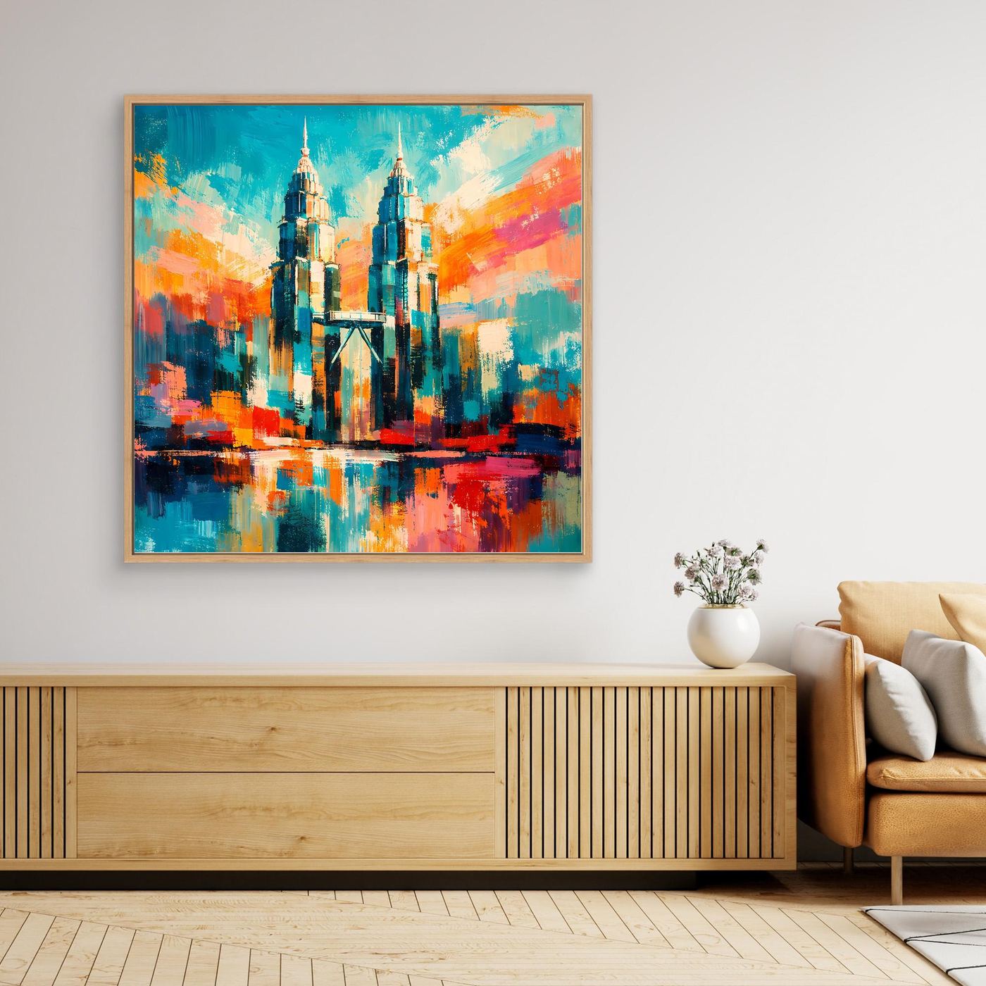 Abstraktes Leinwand-Wandbild mit goldfarbenem Rahmen, farbige Hochhaustürme und Spiegelung