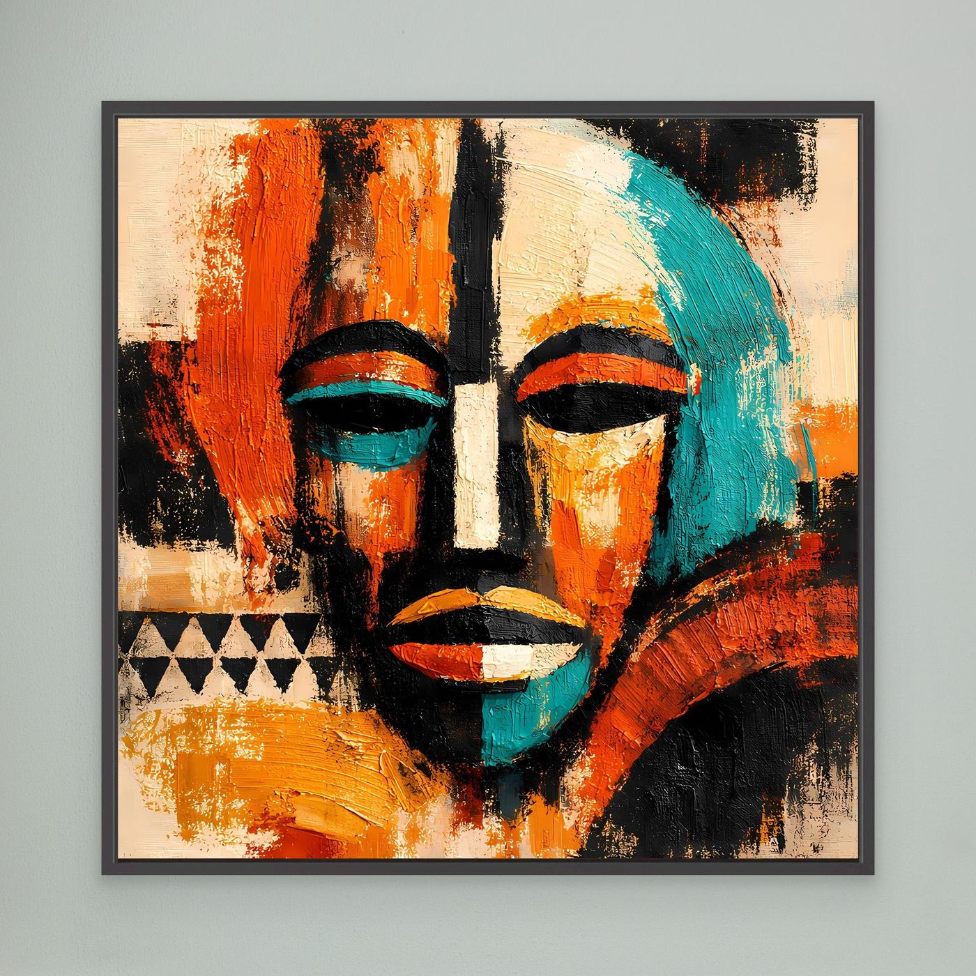 Framed abstract mask portrait wall art with teal, orange, and black faces.