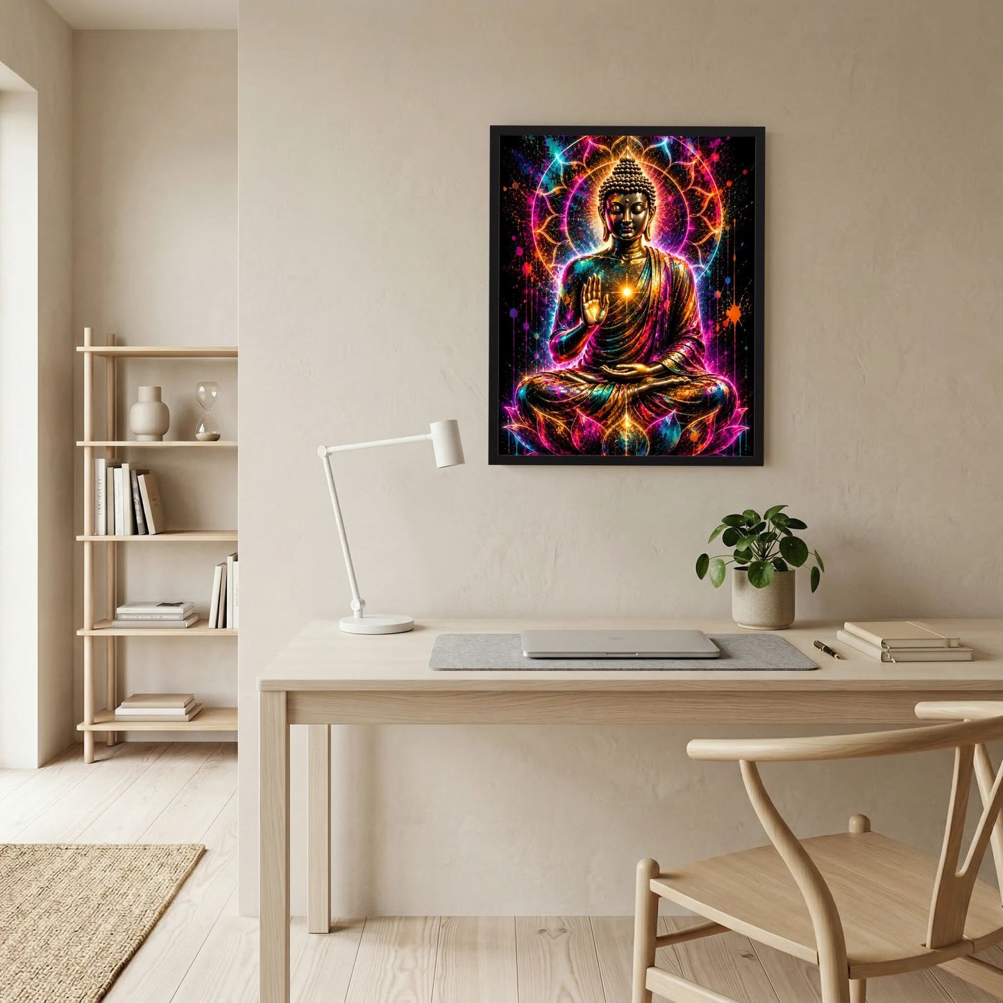 Neon-Buddha-Poster im schwarzen Rahmen: Buddhafigur im Lotussitz, mehrfarbige Neon-Effekte