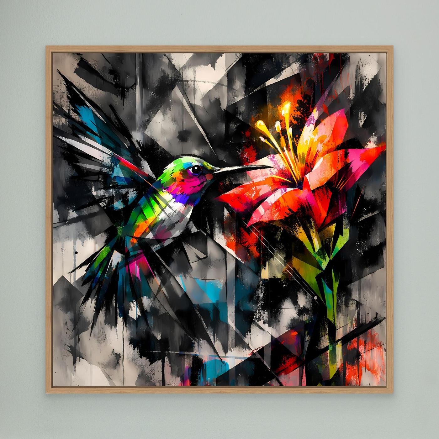 Leinwandbild Farbintensiver Kolibri | Abstraktes Geometrisches Wandbild auf Keilrahmen