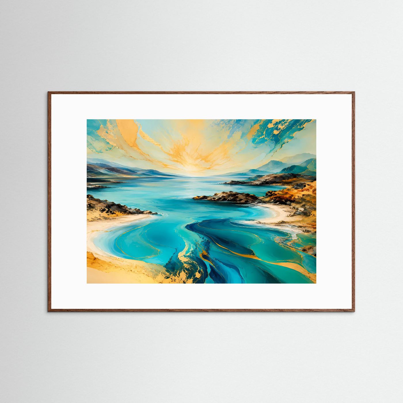 Abstrakte Küstenlandschaft Poster | Türkis Gold Meer Wandbild | Moderne Landschaftskunst mit Marmor-Effekt