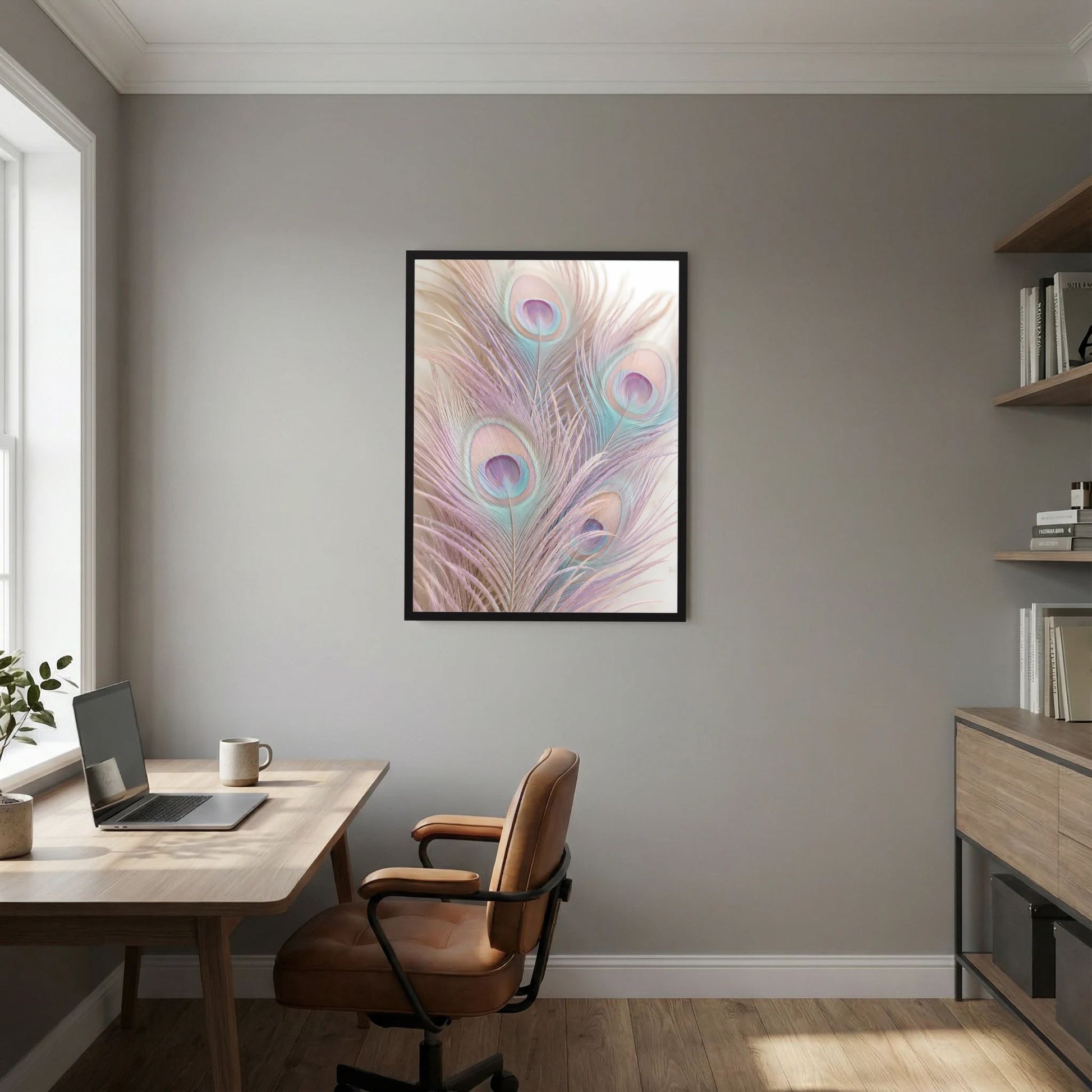 Hochformat-Poster mit Pfauenfederzeichnung in Pastell, Schwarzrahmen