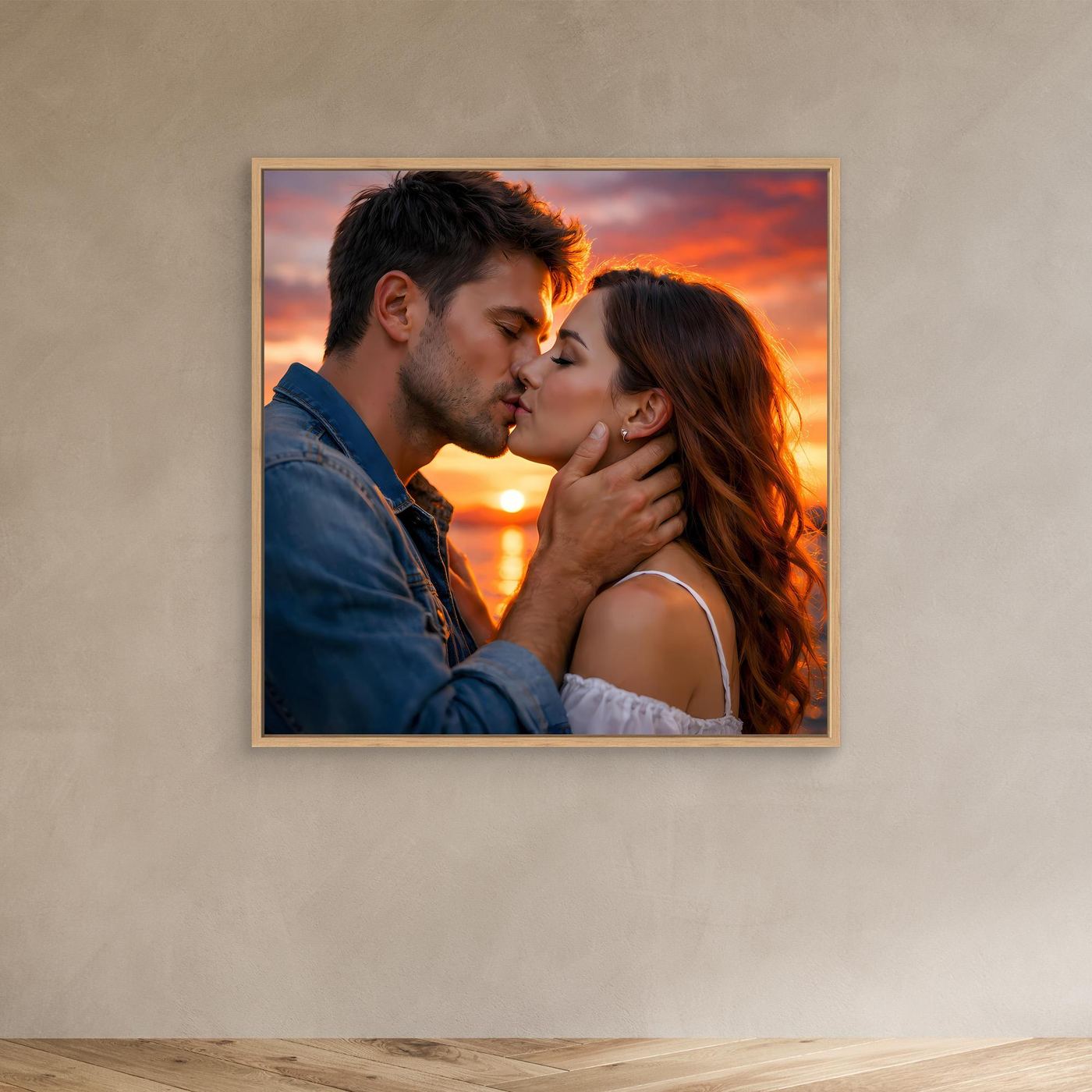 Leinwand Romantischer Kuss im Abendrot | Sinnliches Paar Wandbild