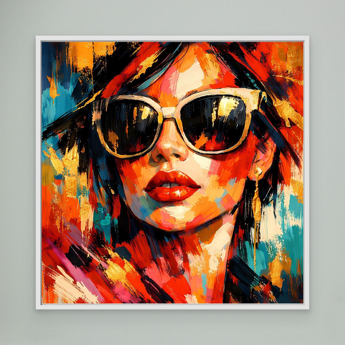 Leinwandbild Pop-Art-Frau mit Sonnenbrille, leuchtende Farbflecken, roter Lippenstift, weiß gerahmt
