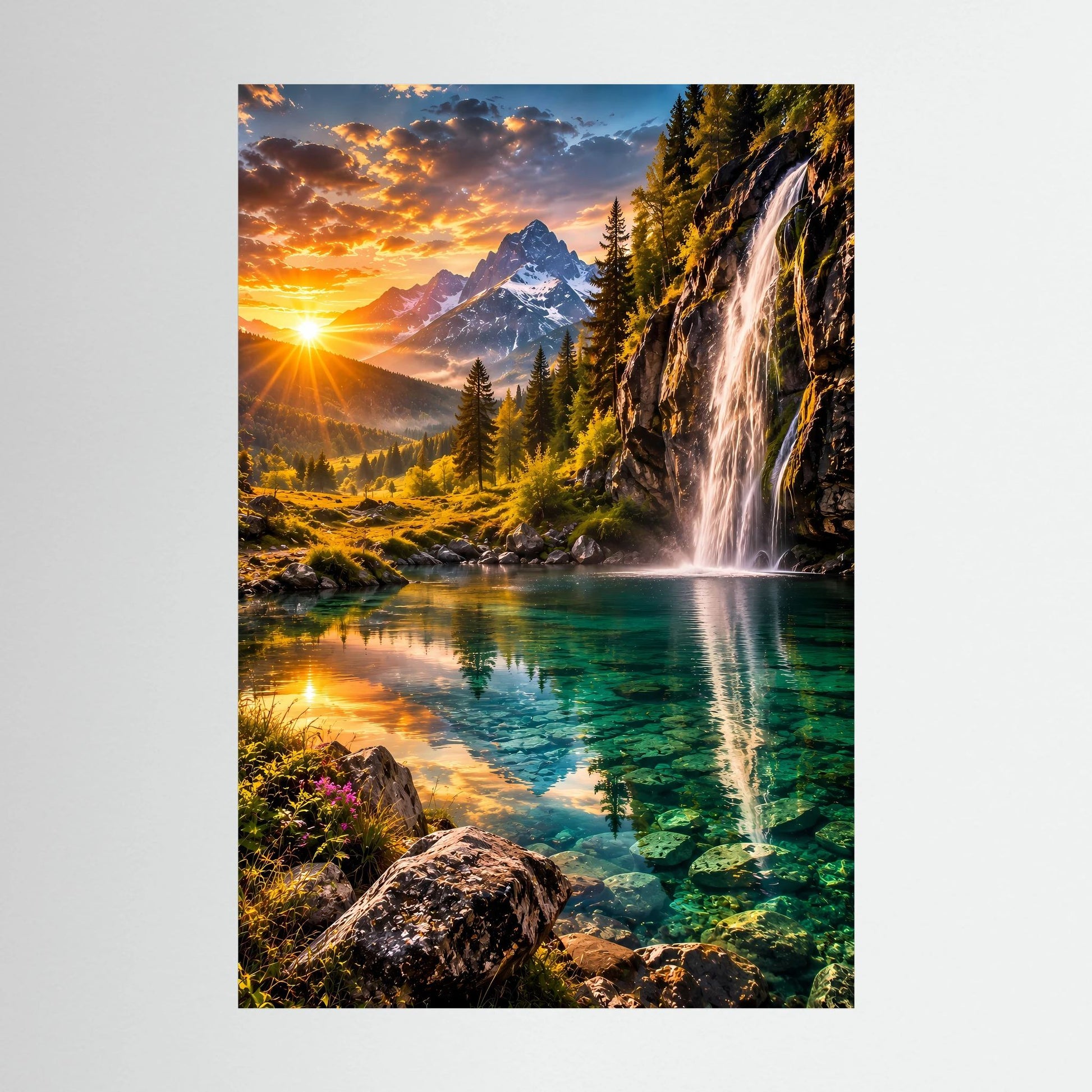 Hochformat-Poster mit Bergsee und Wasserfall bei Sonnenuntergang, glänzende Landschaft