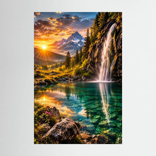 Hochformat-Poster mit Bergsee und Wasserfall bei Sonnenuntergang, glänzende Landschaft