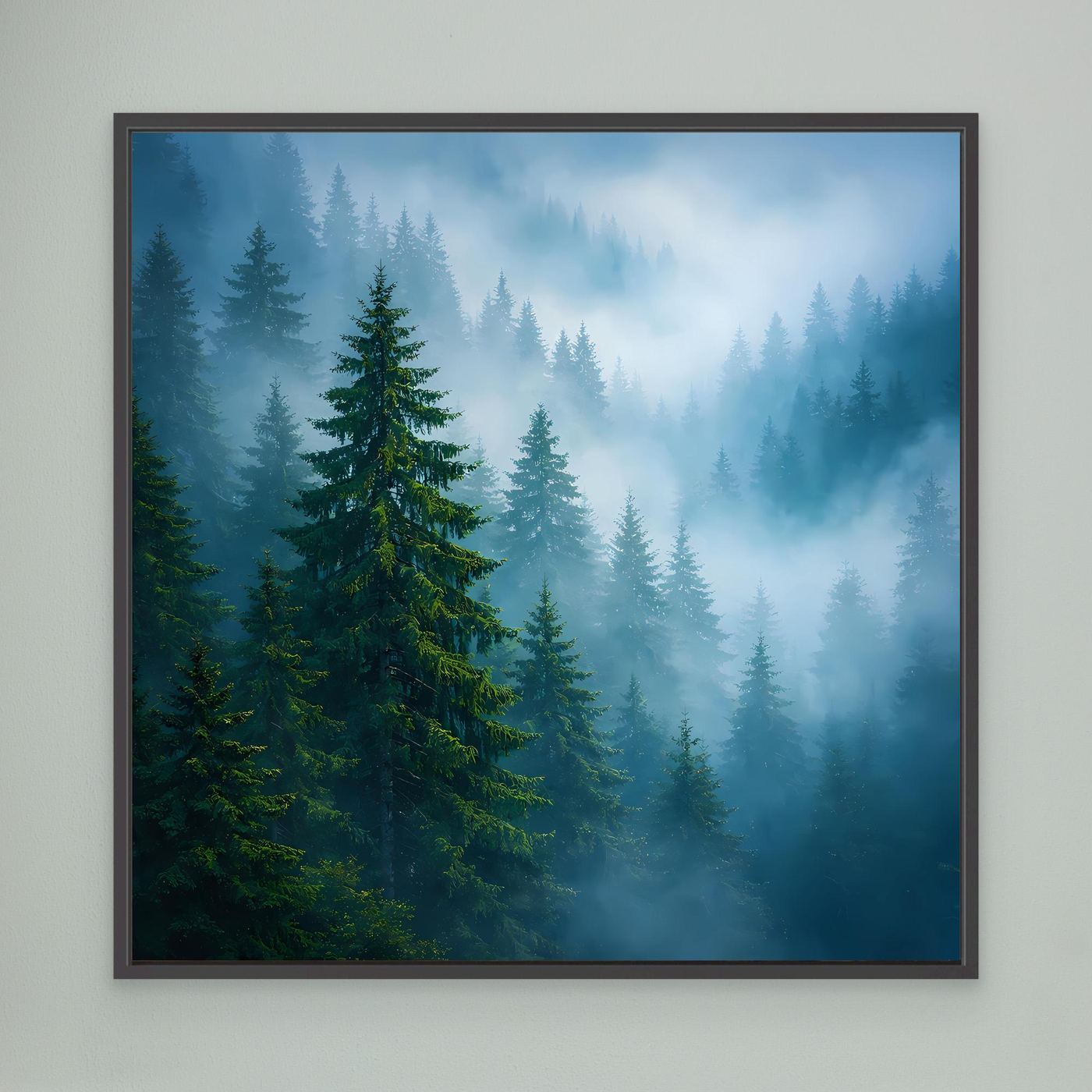 Leinwandbild mit blauen Tannen im Nebel, schwarzer Rahmen