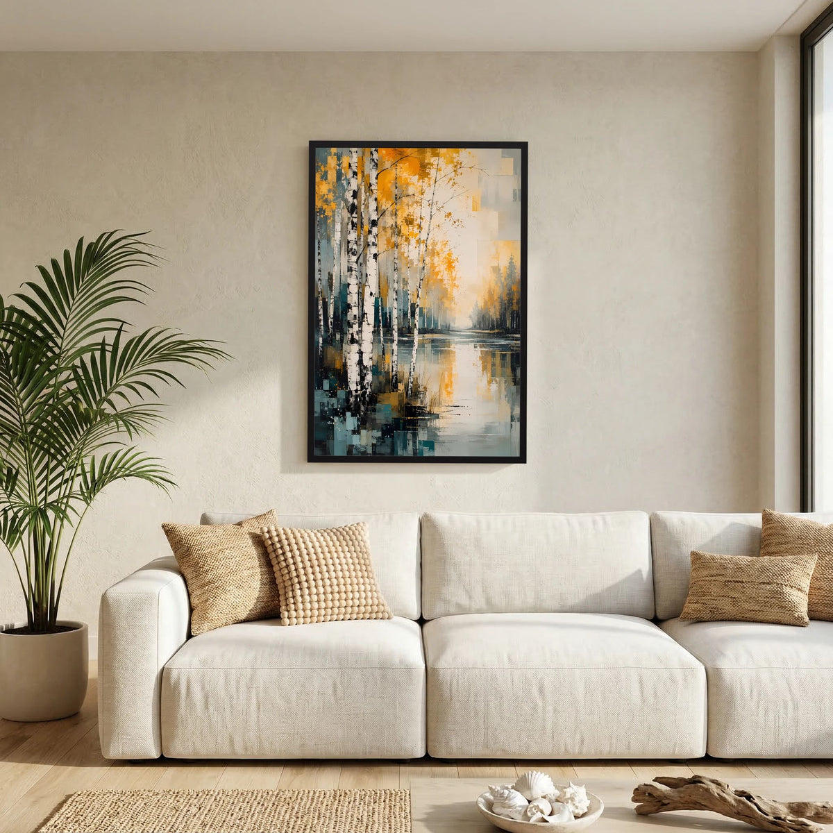 Abstraktes Herbstlandschaft-Poster Gold und Petrol im schwarzen Rahmen