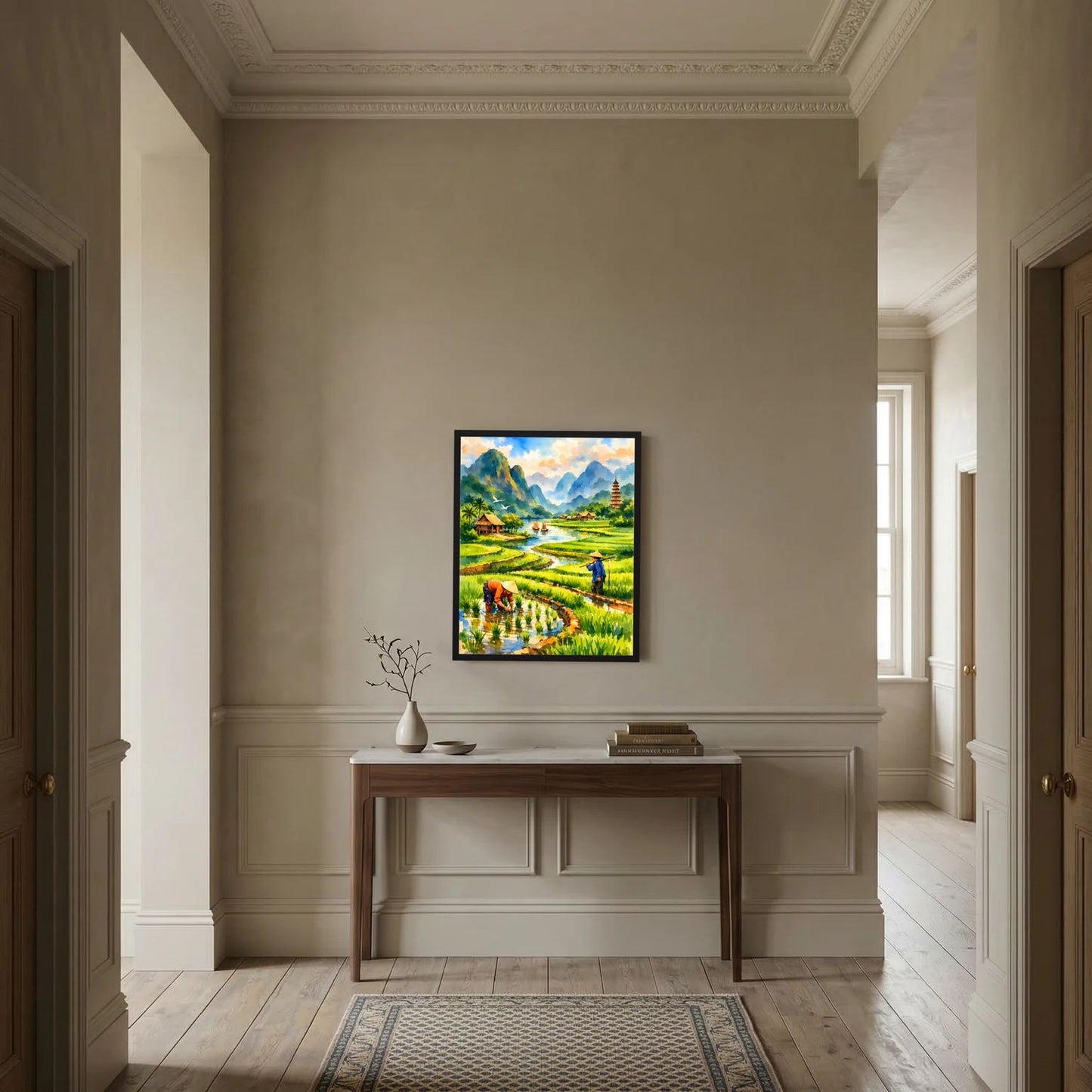 Gerahmtes Hochformat-Wandposter mit Reisfeldern, Fluss und Pagode in der Landschaft
