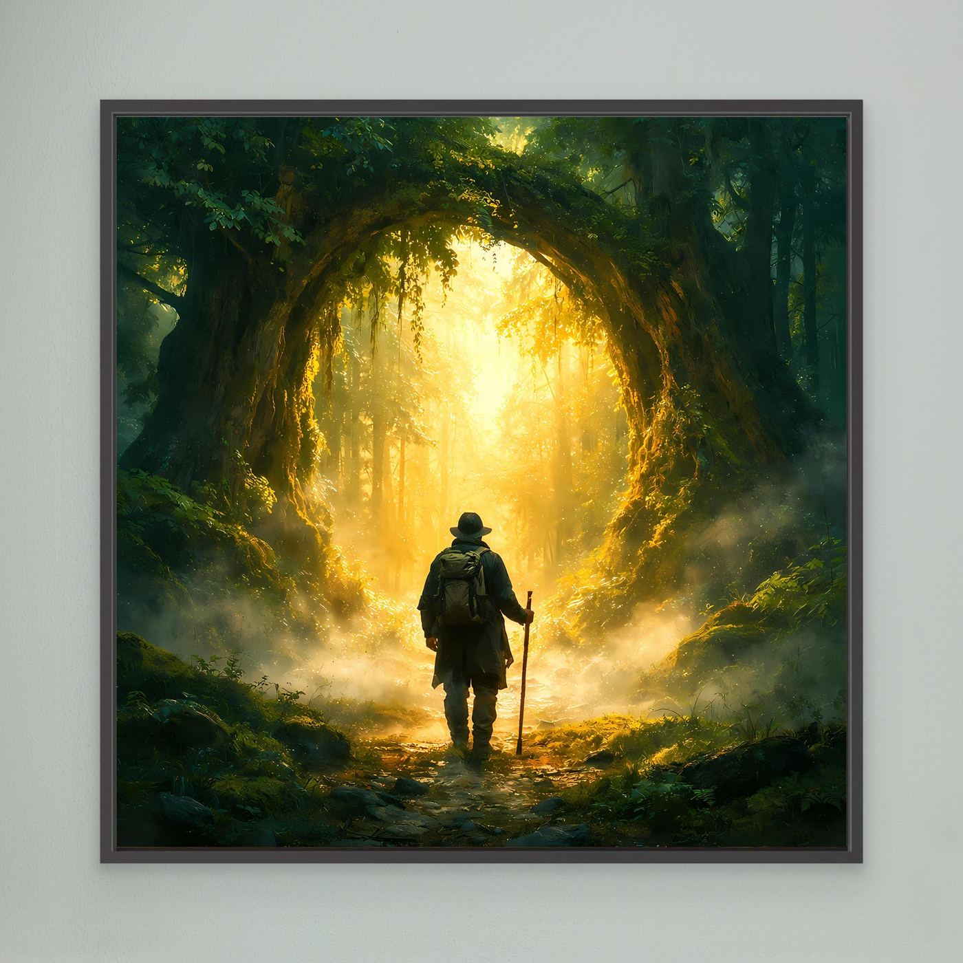 Leinwand Mystischer Wanderer am Waldportal | Abstraktes Natur Zauberwald Wandbild