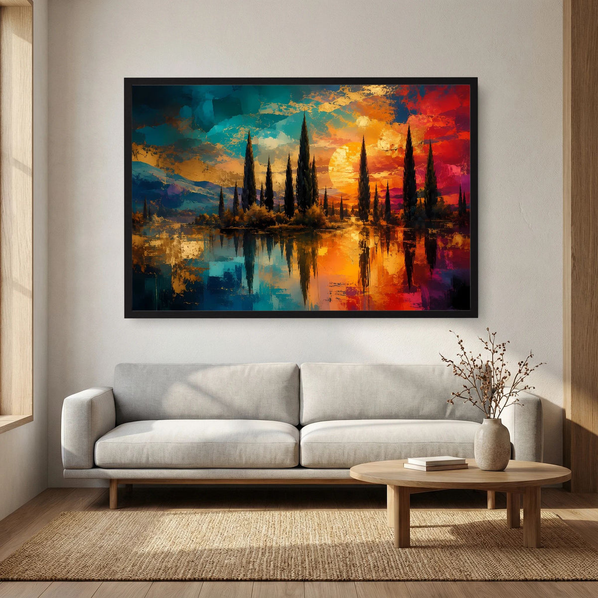Gerahmtes Poster mit abstrakter Zypressenlandschaft und Spiegelung im See, Sonnenuntergang, schwarz