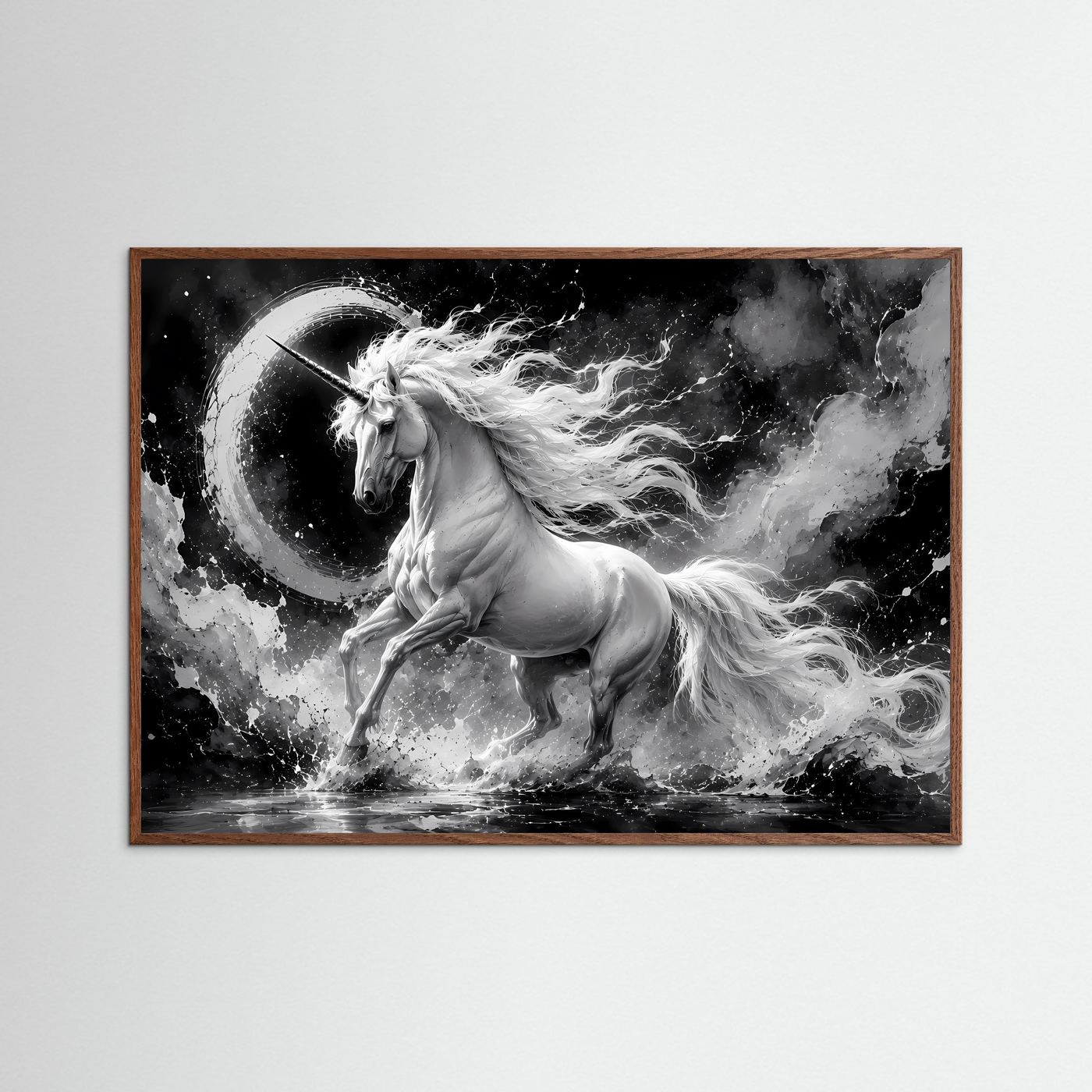 Einhorn Schwarz Weiß Poster Querformat | Mystische Fantasy Wandkunst | Monochrome Elegante Leinwandkunst