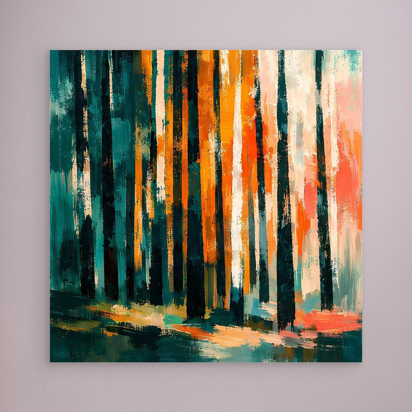 Wandbild mit abstraktem Birkenwald, türkis-orange Baumstämme, ohne sichtbaren Rahmen