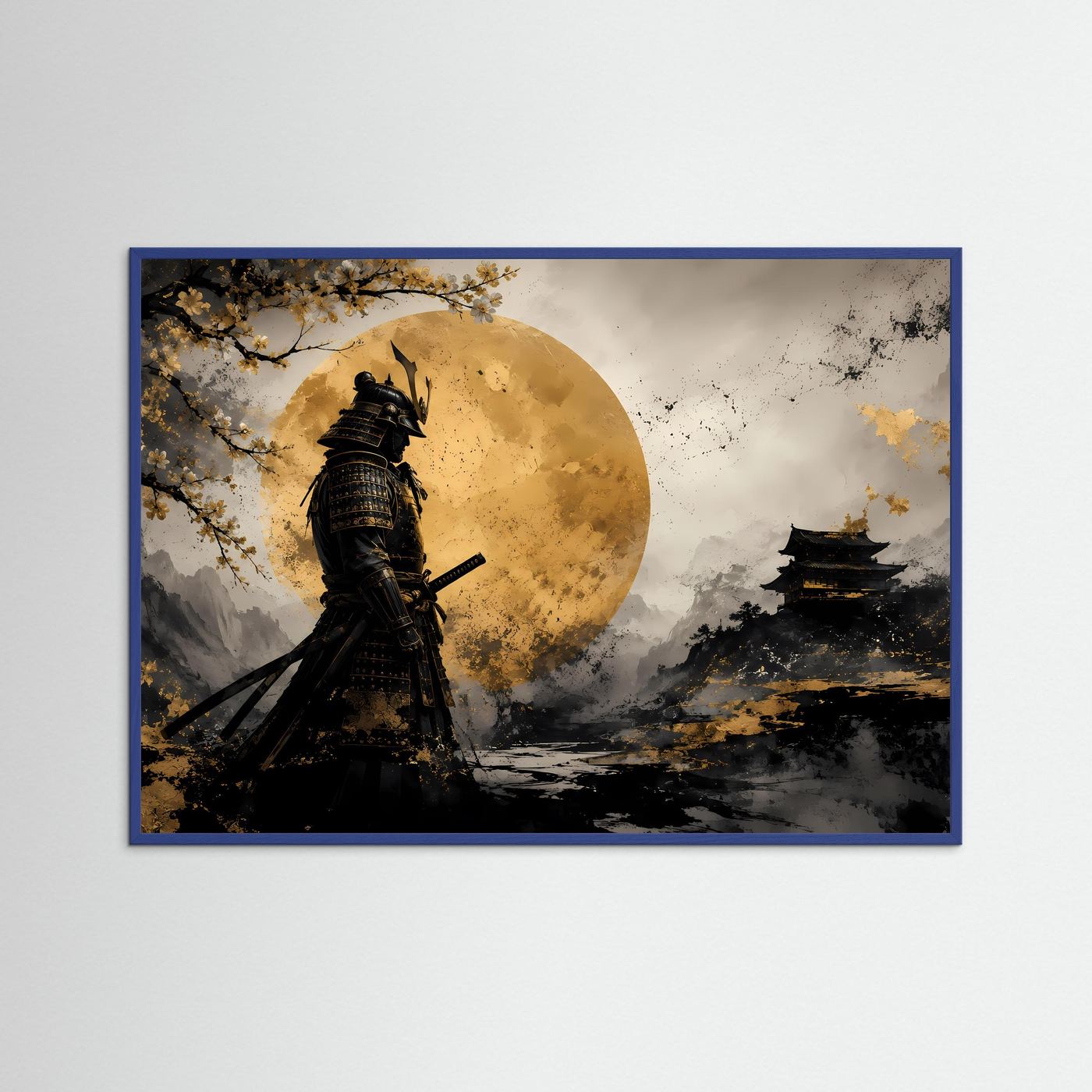 Einsamer Samurai vor goldenem Mond | Japanische Kunst & Kirschblüten Poster