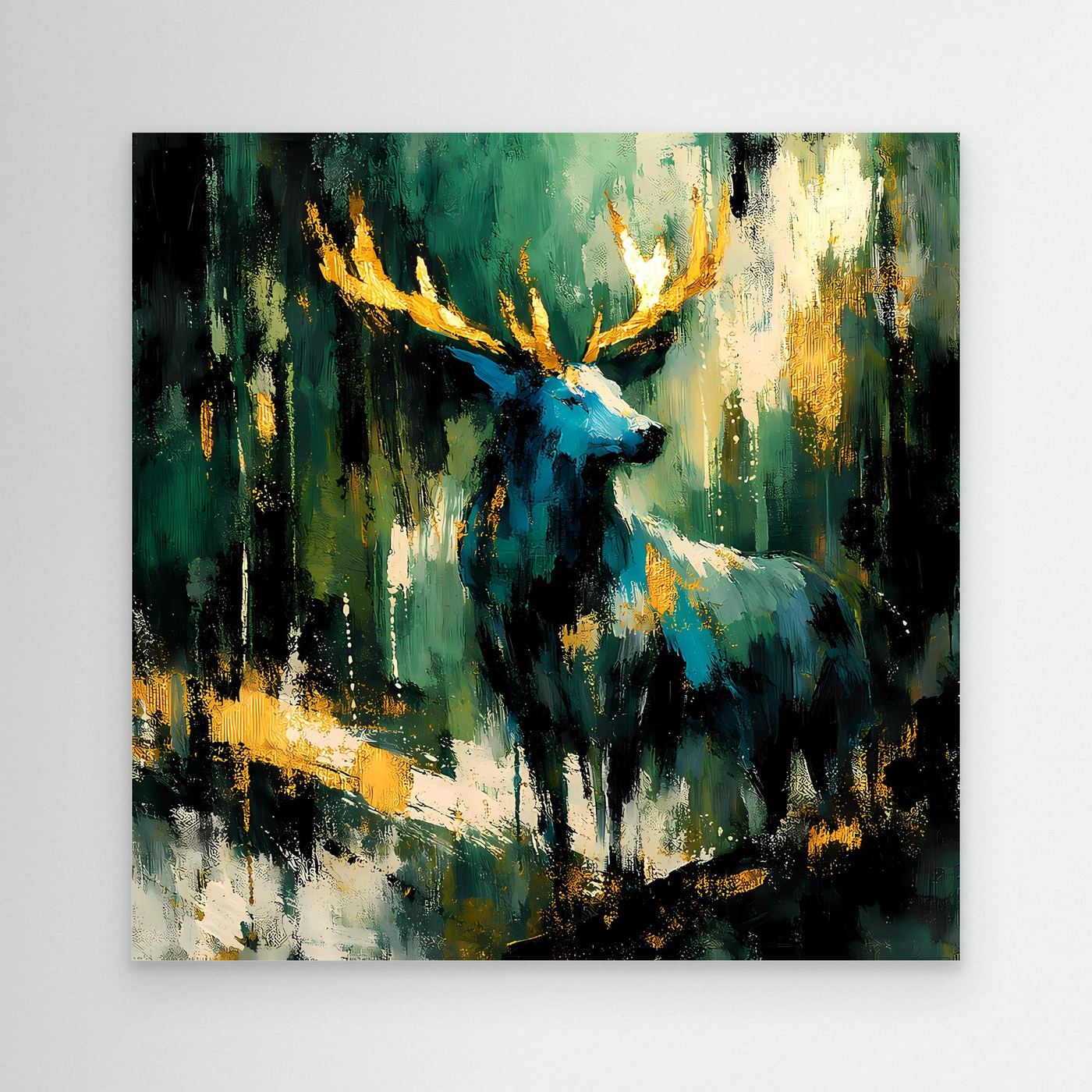 Leinwand-Wandbild mit abstraktem Hirsch in Grün, Blau und Gold