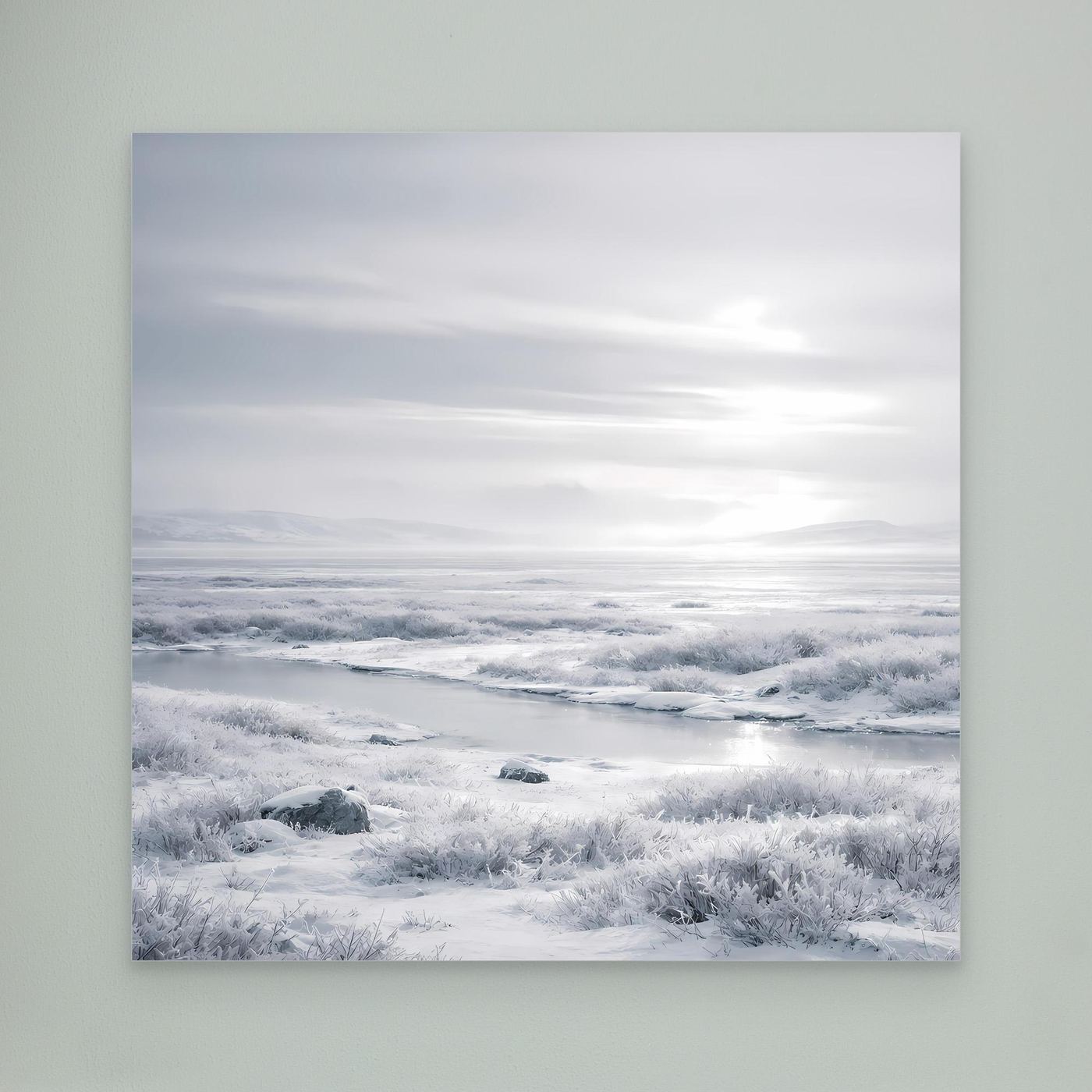 Leinwandbild mit verschneiter Winterlandschaft, Detailaufnahme von Schnee und Nebelhimmel