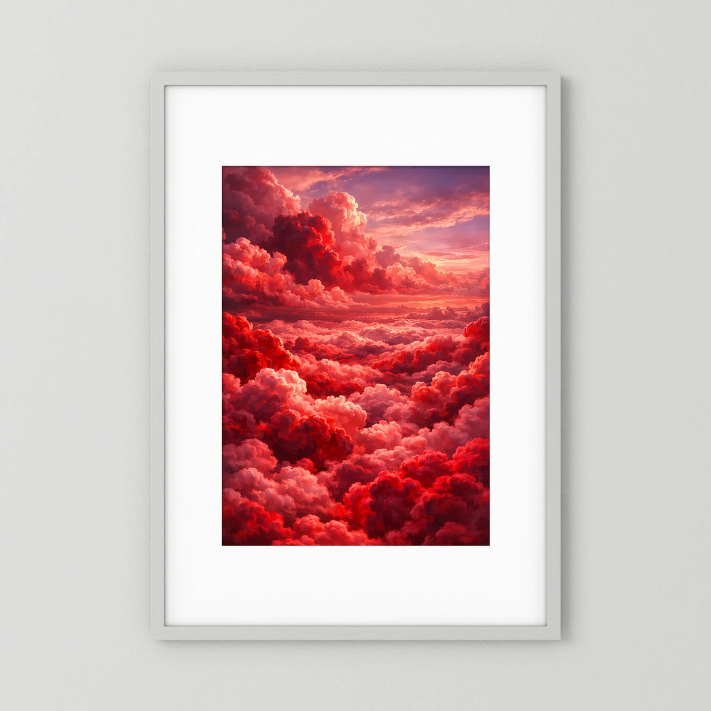Hochformatiges Kunstposter mit rotem Wolkenmeer im Rahmen, helles Passepartout