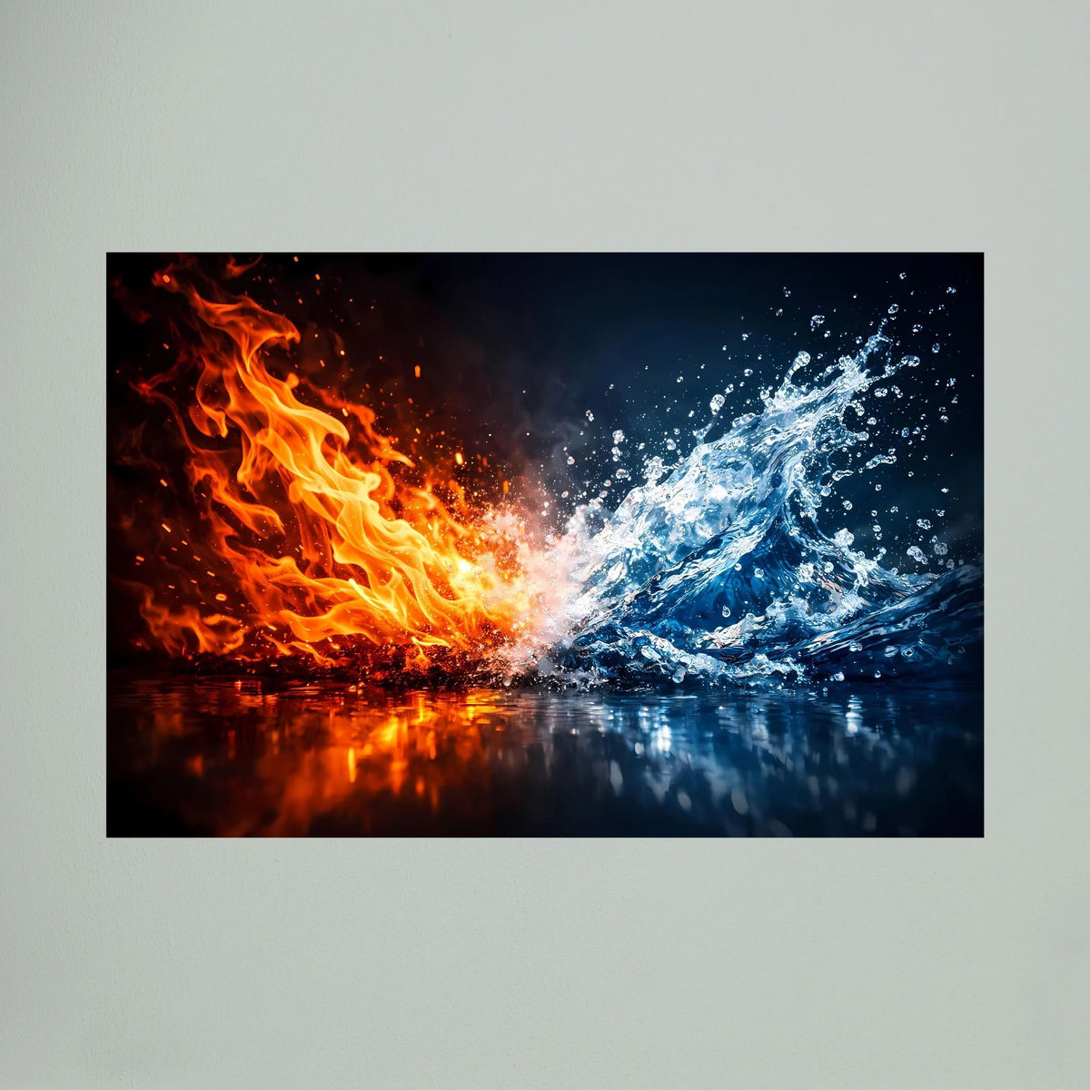 Querformatiges Kunstposter mit abstraktem Feuer und Wasser, rot-orange und blau, ohne sichtbaren Rahmen
