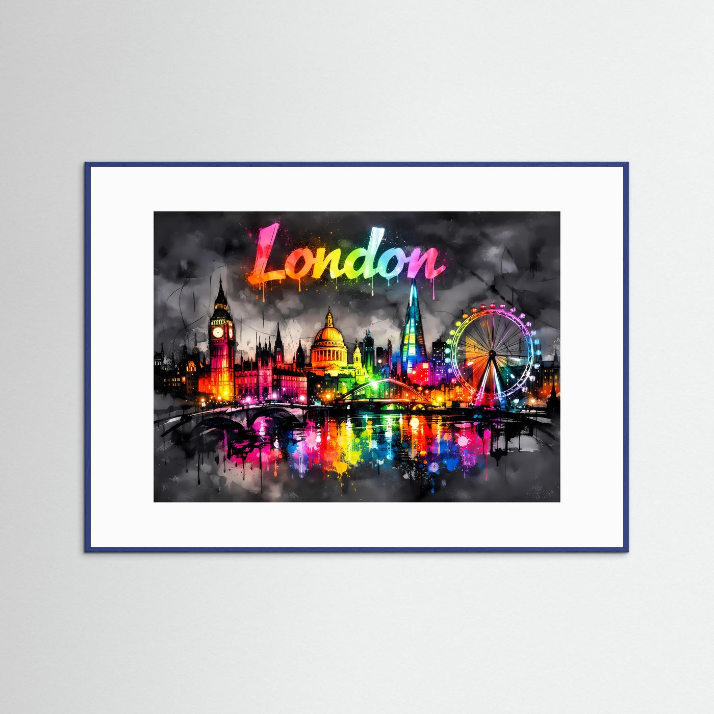 Neon-Splash-Poster im Querformat: London-Skyline mit Schriftzug, dunkelblauer Rahmen