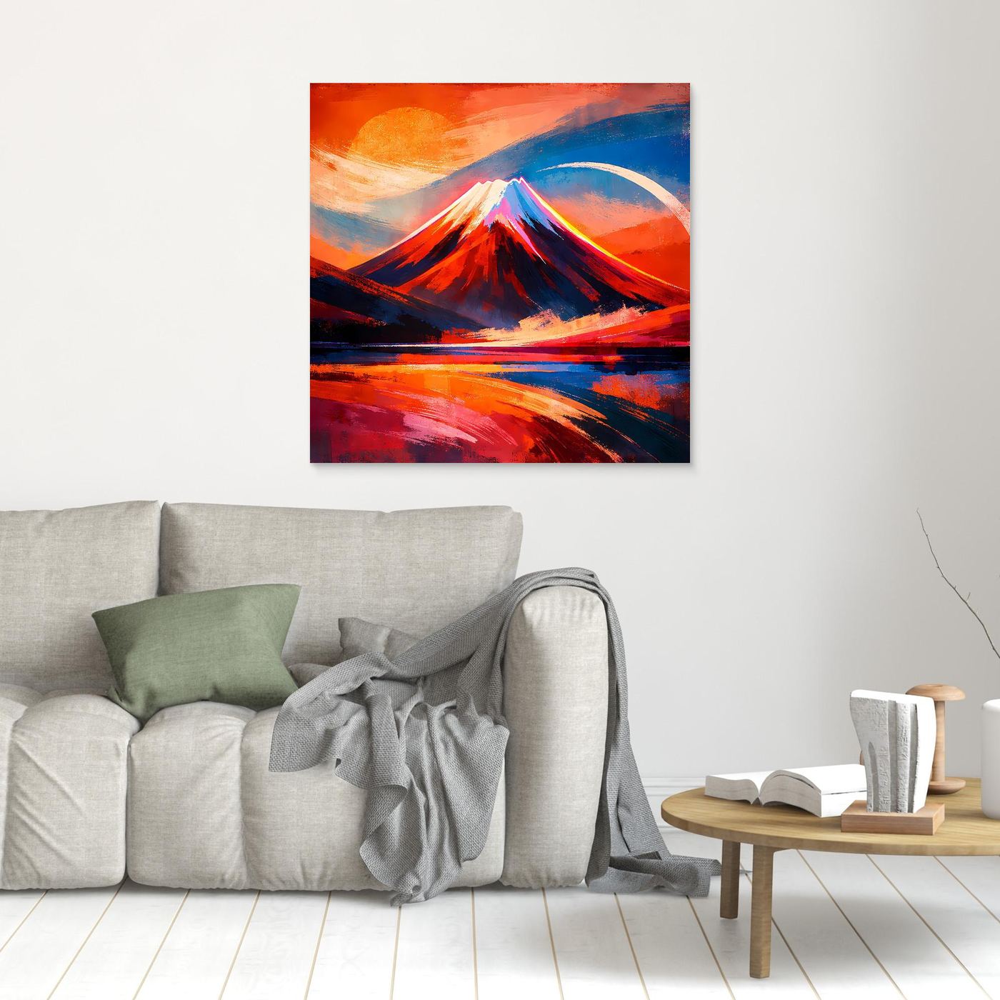 Gerahmtes Wandbild mit abstraktem Berg und Sonnenuntergang, kräftige Rot- und Blautöne
