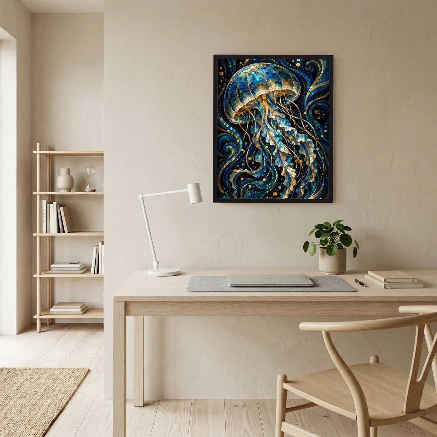 Poster mit Mosaik-Quallen-Motiv in Blau und Gold im schwarzen Rahmen