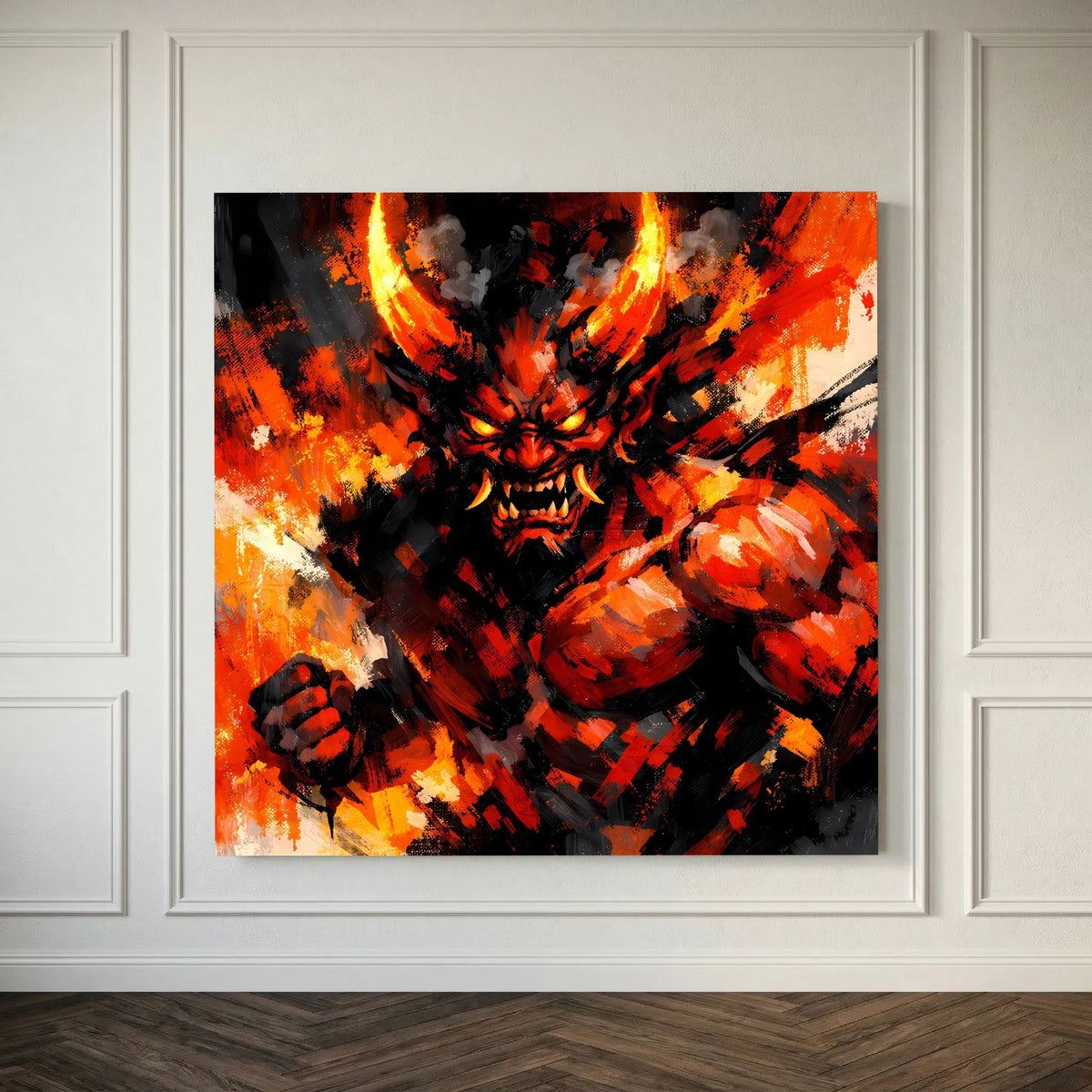 Gerahmtes Leinwand-Wandbild mit Oni-Dämon in Flammen, schwarzer Rahmen sichtbar