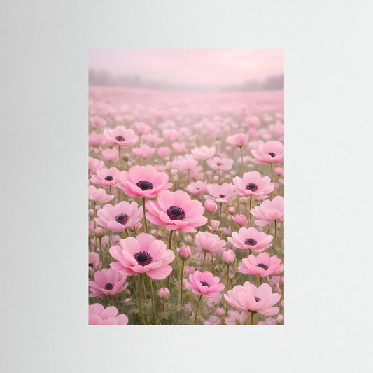 Blumenwiesen-Poster mit pastellrosanen Anemonenblüten, Hochformat, ohne Rahmen