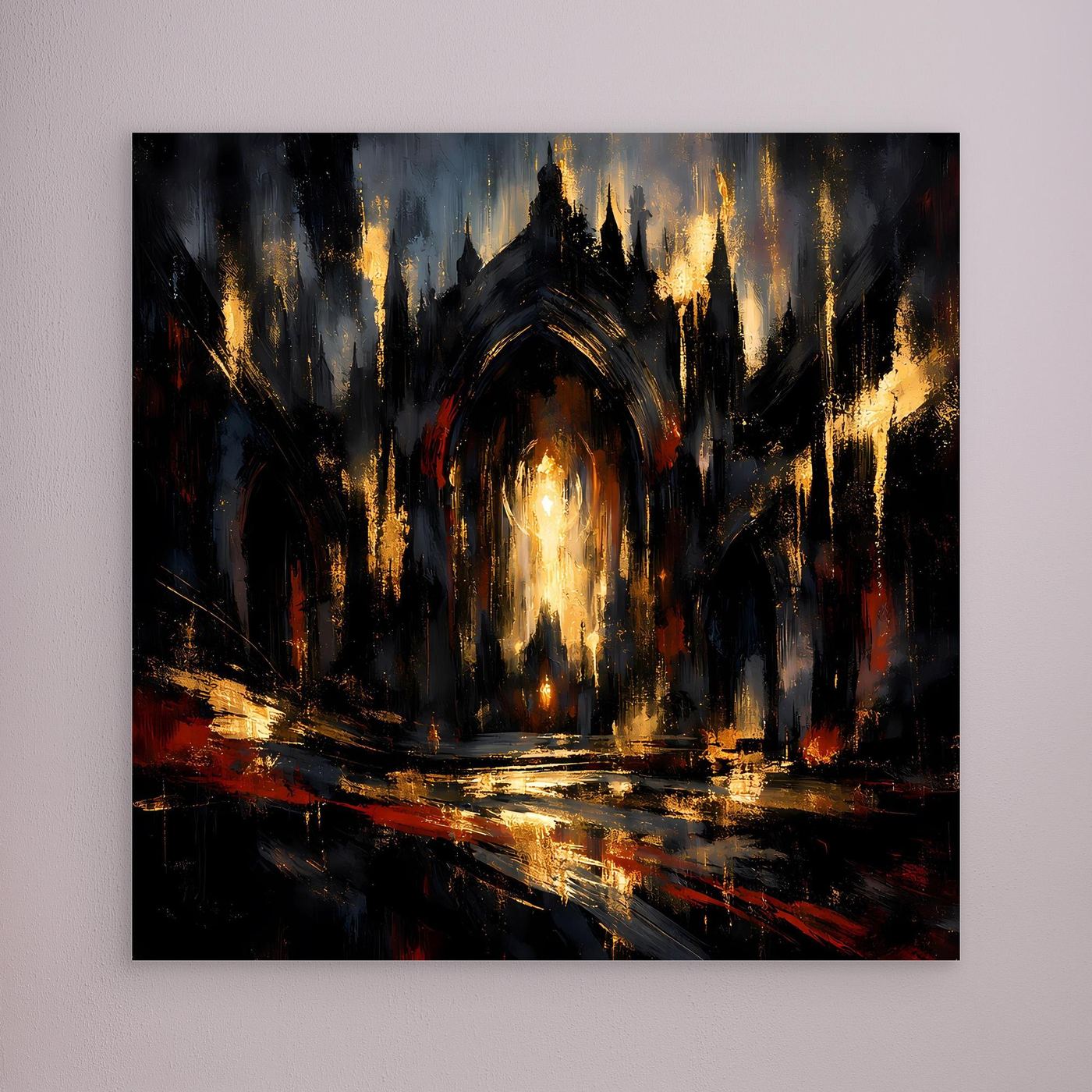 Leinwandbild mit abstrakter gotischer Kathedrale, dunkle Abstufungen und goldene Lichtflächen ohne Rahmen