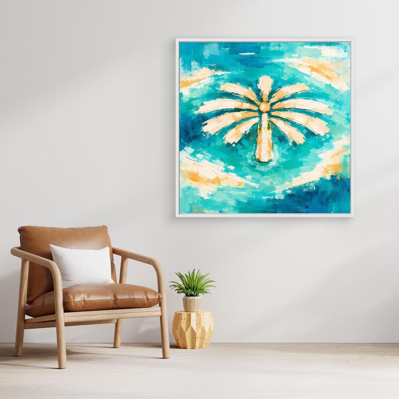 Leinwand Abstrakte Palme im Meer | Modernes Dubai Palmeninsel Wandbild Türkis