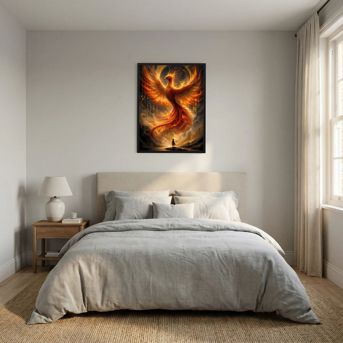 Hochformat-Poster mit Phönix aus Feuer, leuchtendes Gold und Orange, schwarzer Rahmen