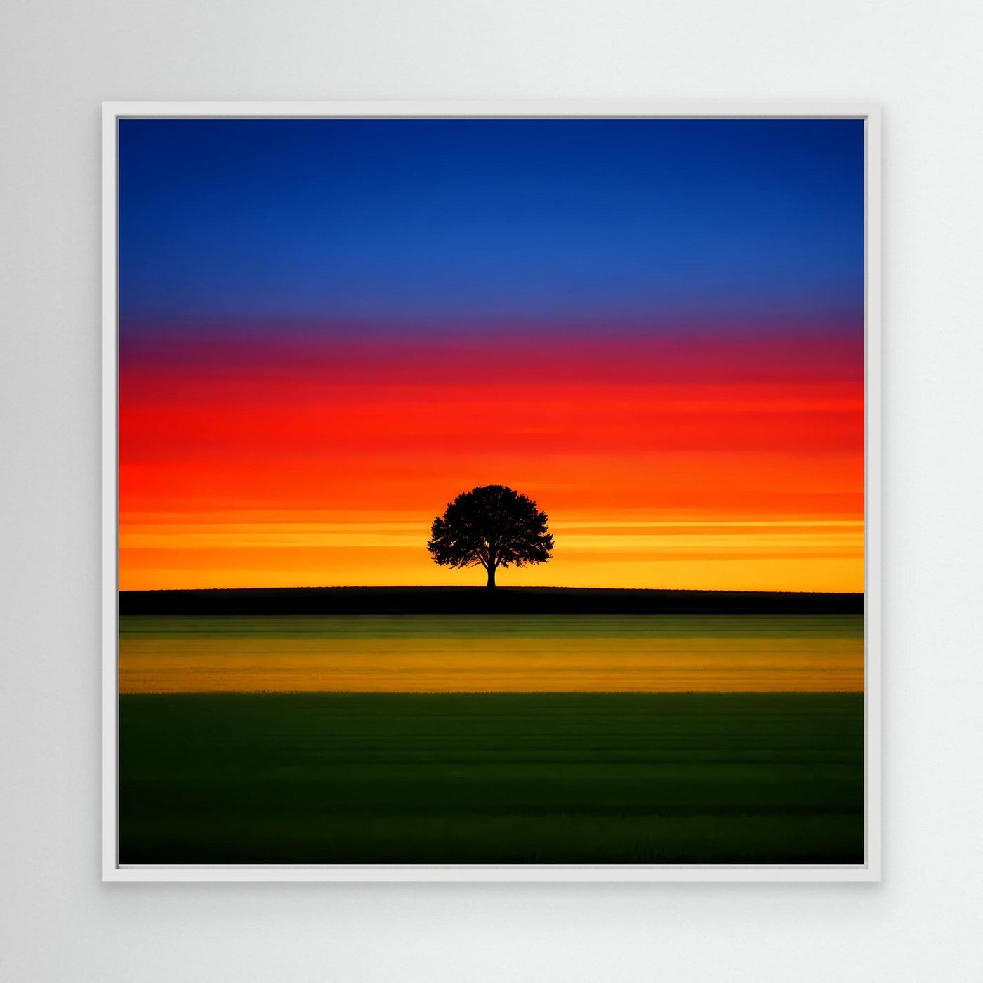 Leinwandbild: Sonnenuntergang mit Baum-Silhouette, weißer Rahmen