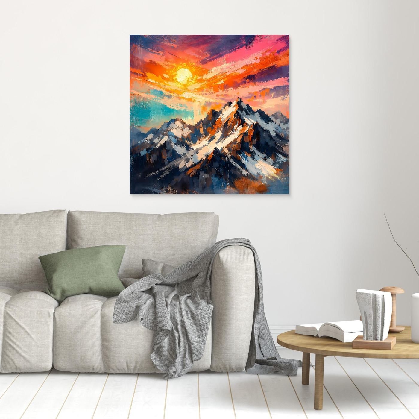 Leinwand Alpenglühen an verschneiten Berggipfeln | Abstraktes Gebirge Wandbild