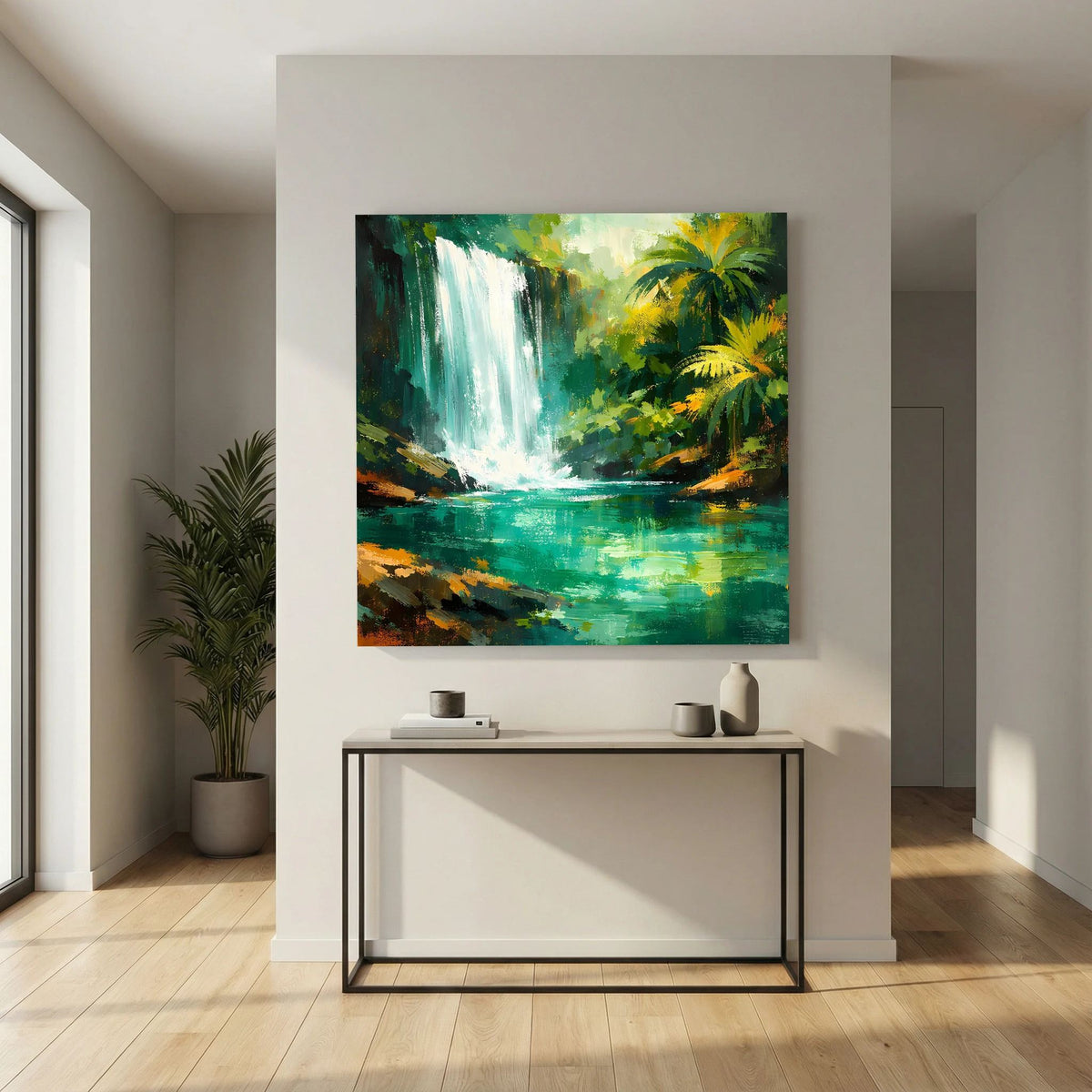 Leinwand-Wandbild: abstrakter Wasserfall im Dschungel, türkisgrüner Fluss und Palmen