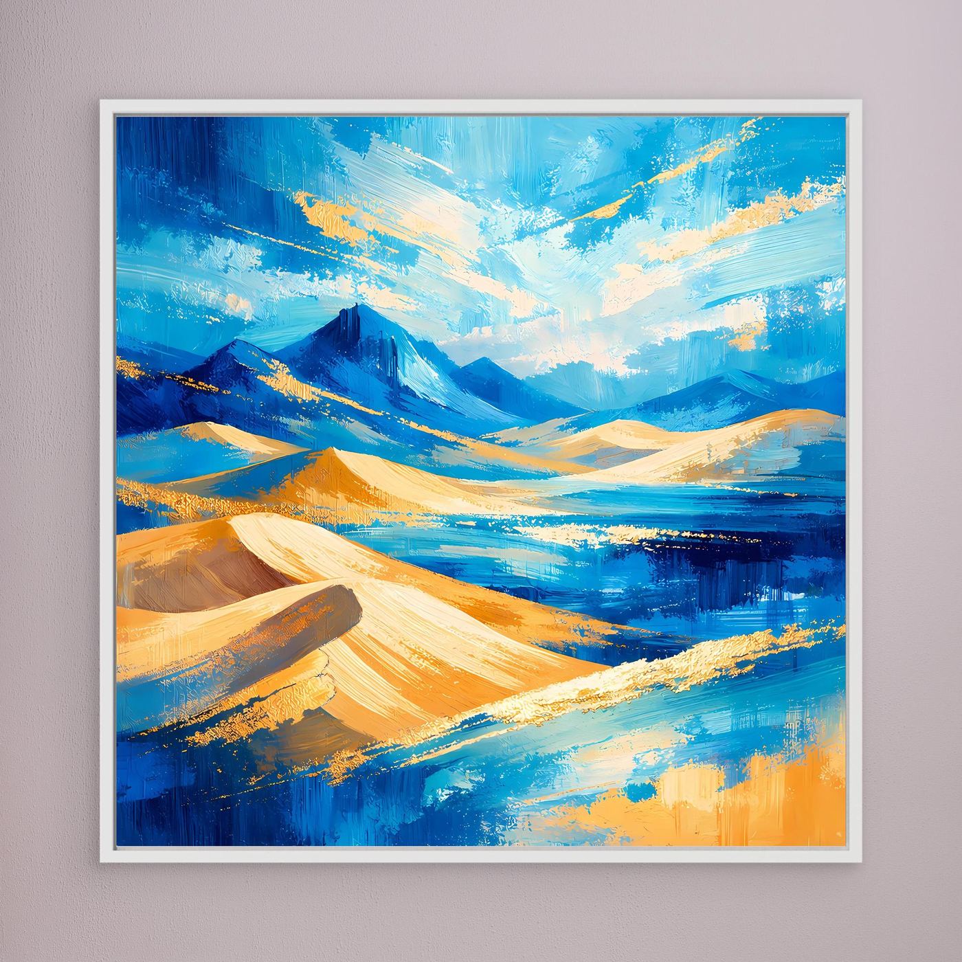 Leinwandbild abstrakte Landschaft, Blau- und Gelbtöne mit goldenen Akzenten, weißer Rahmen