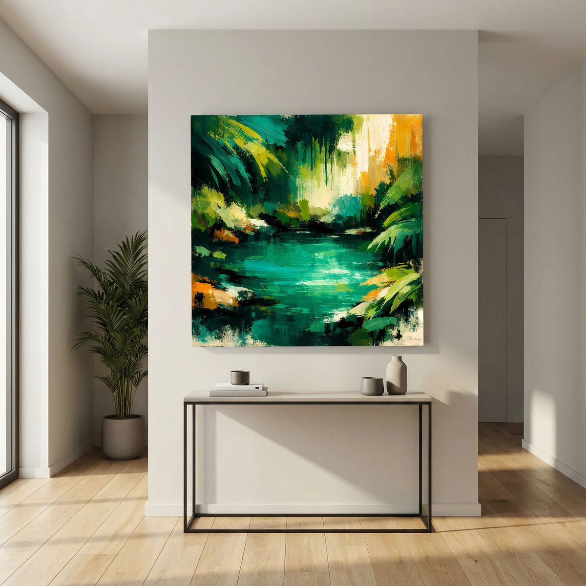 Leinwand Abstraktes Dschungelgewässer | Modernes Urwald Wandbild Smaragdgrün