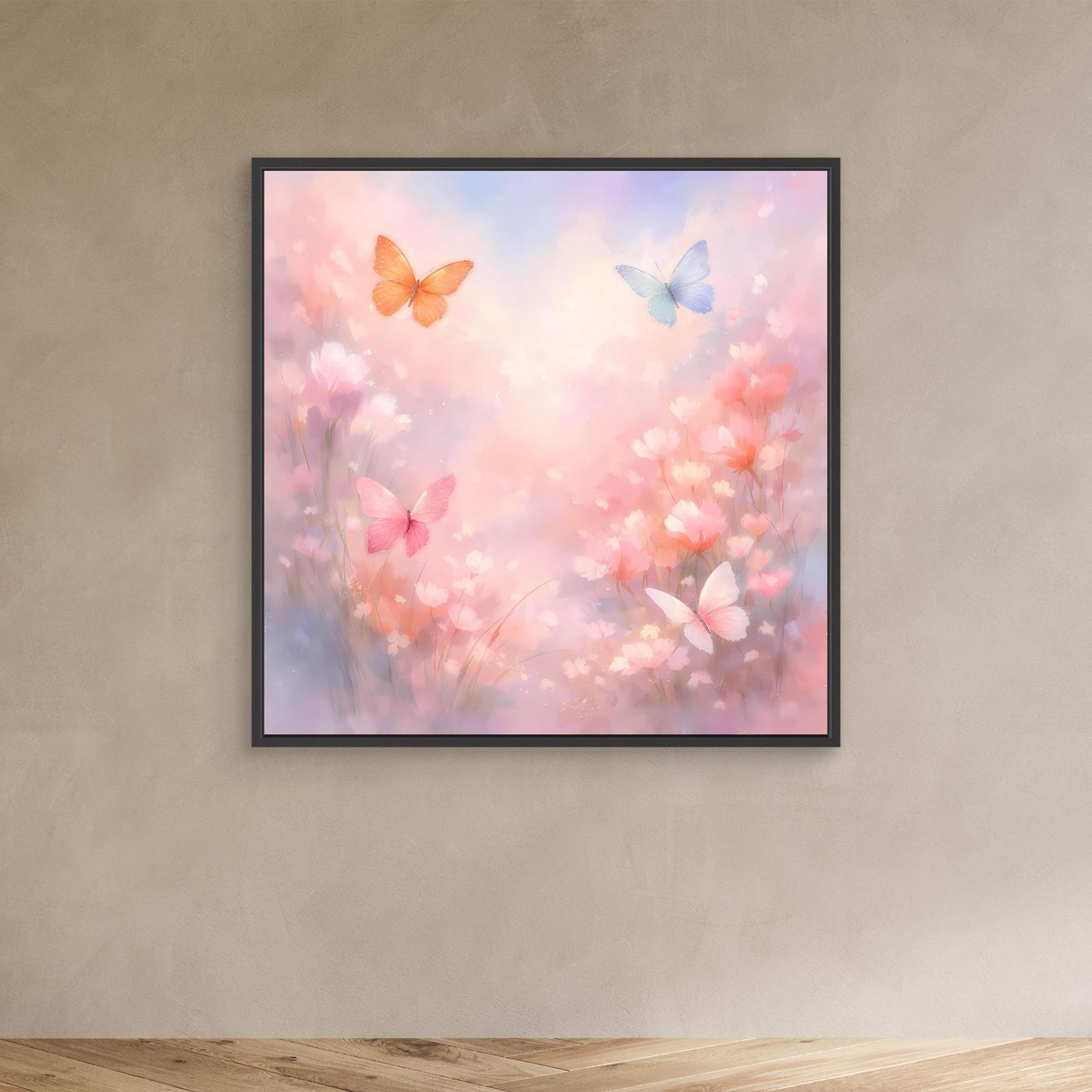 Quadratisches Leinwandbild mit Schmetterlingen im Pastellrosa, schwarzer Rahmen