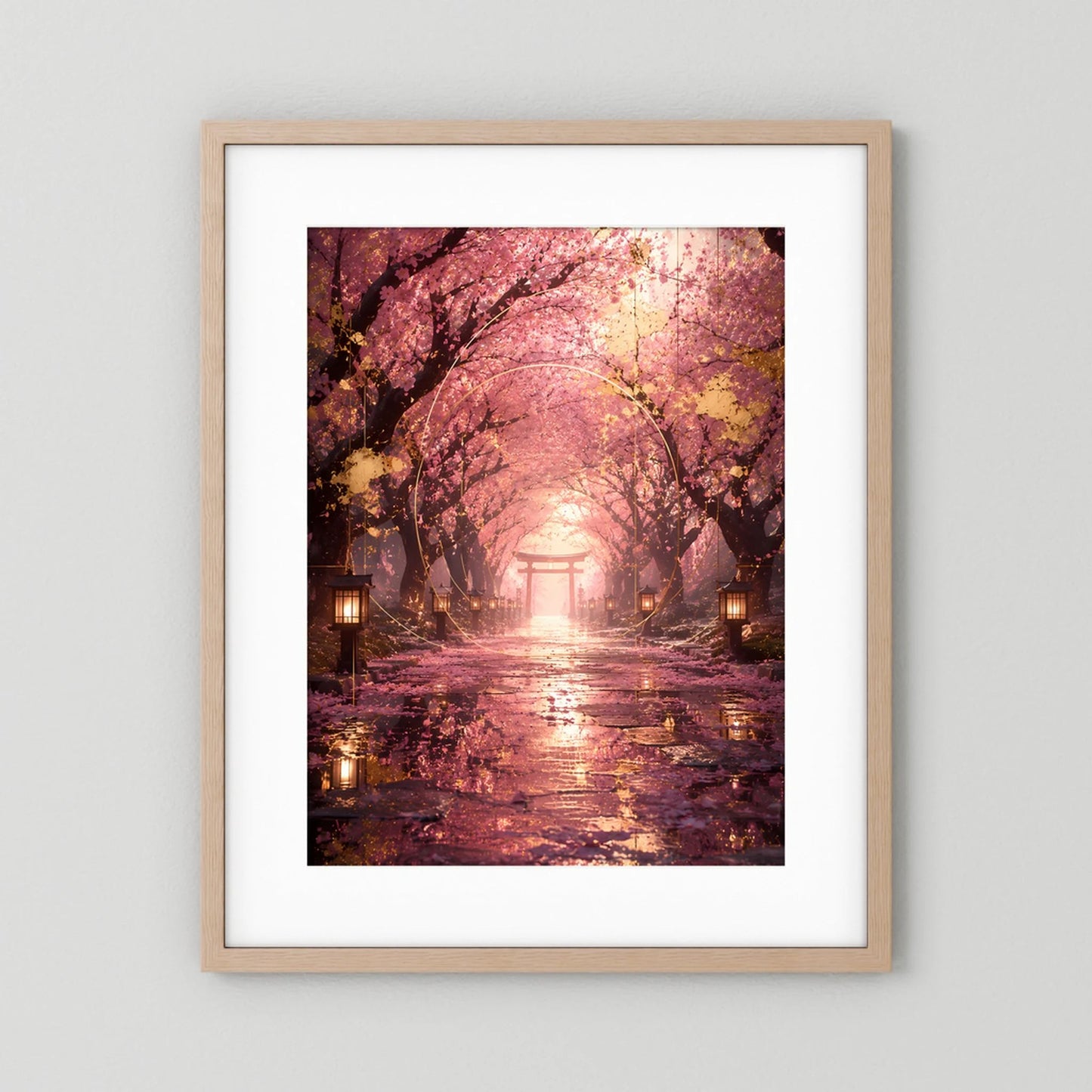 Hochformatiges Poster mit Sakura-Allee, Torii-Tunnel und Laternen, Holzrahmen in Naturholz